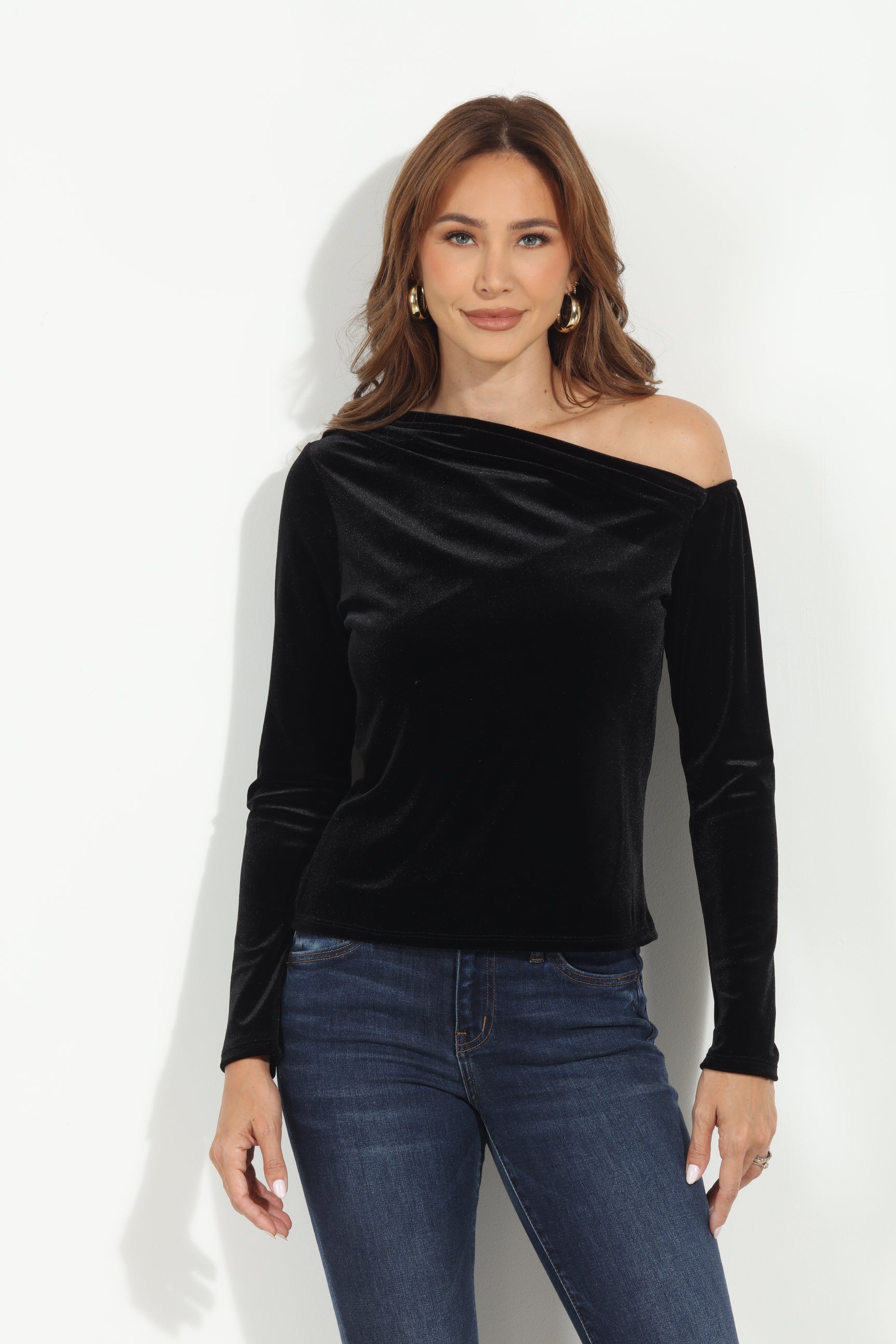Black Velvet Asymmetrical Long Sleeve Top-BEST SELLER