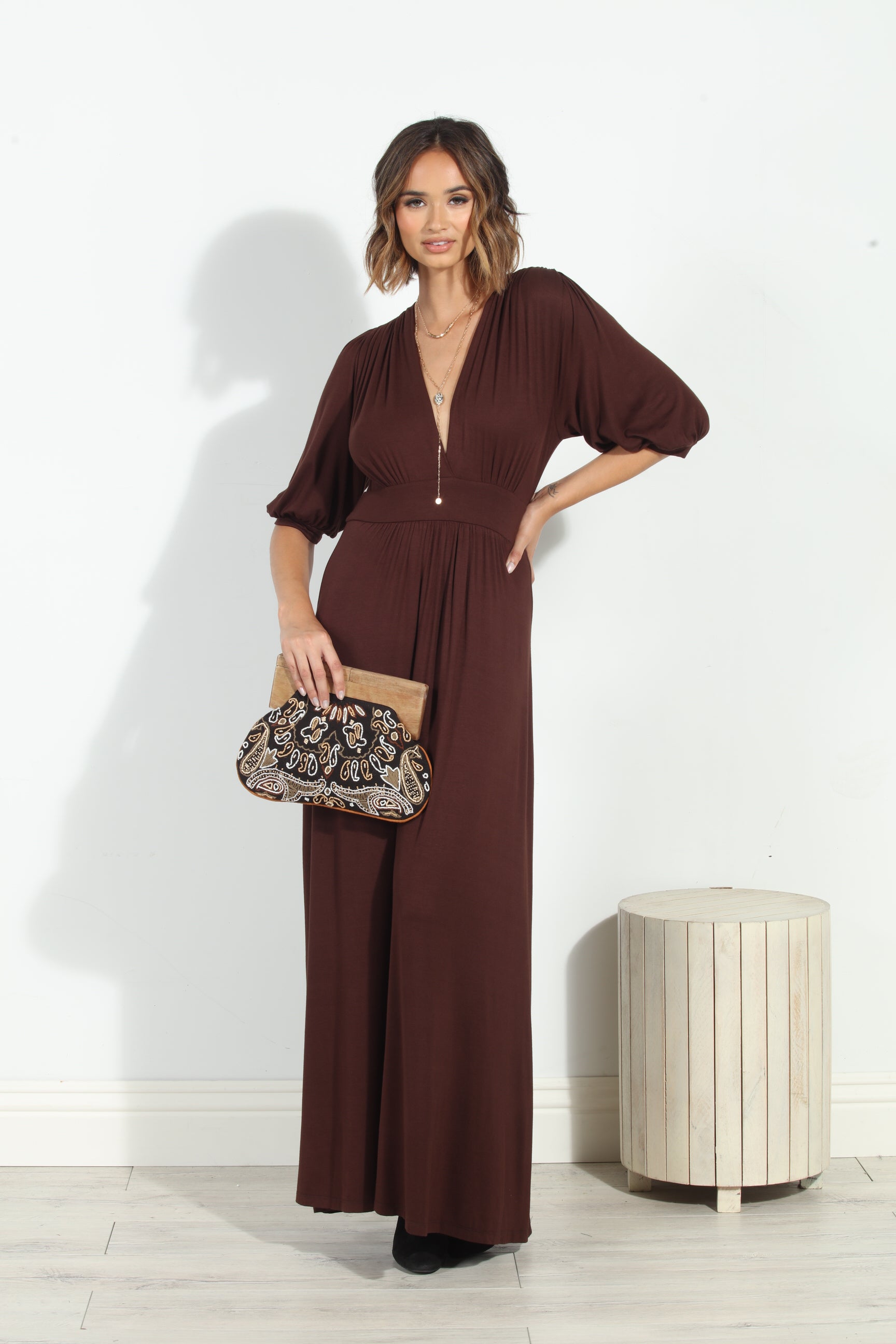 Dark Chocolate Puff Sleeve Maxi Dress