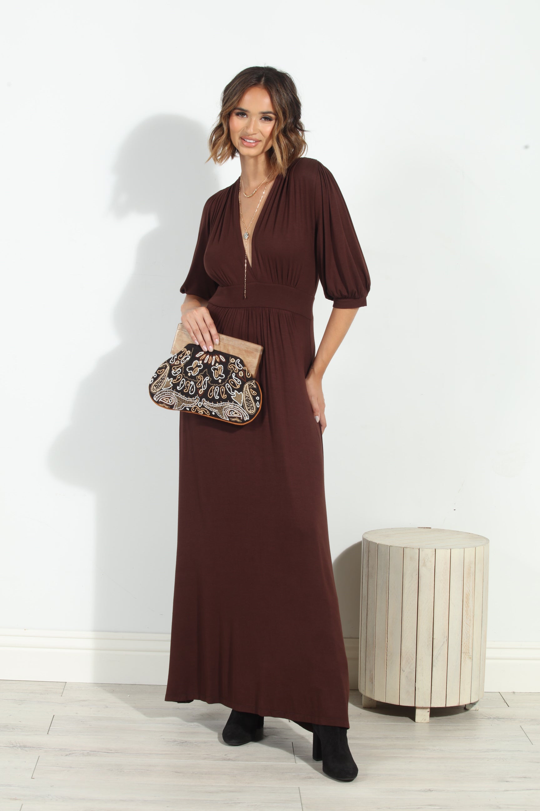 Dark Chocolate Puff Sleeve Maxi Dress