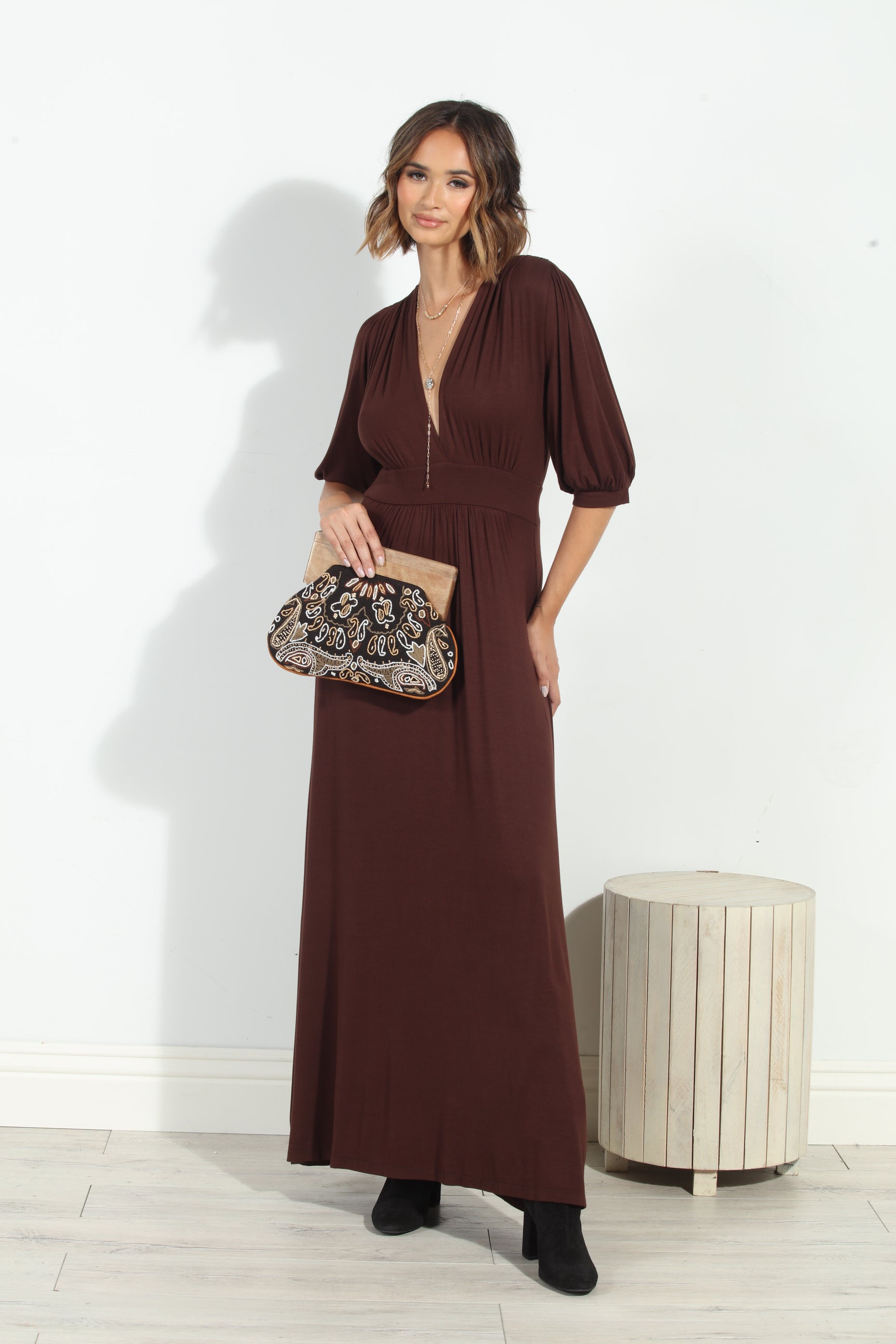 Dark Chocolate Puff Sleeve Maxi Dress