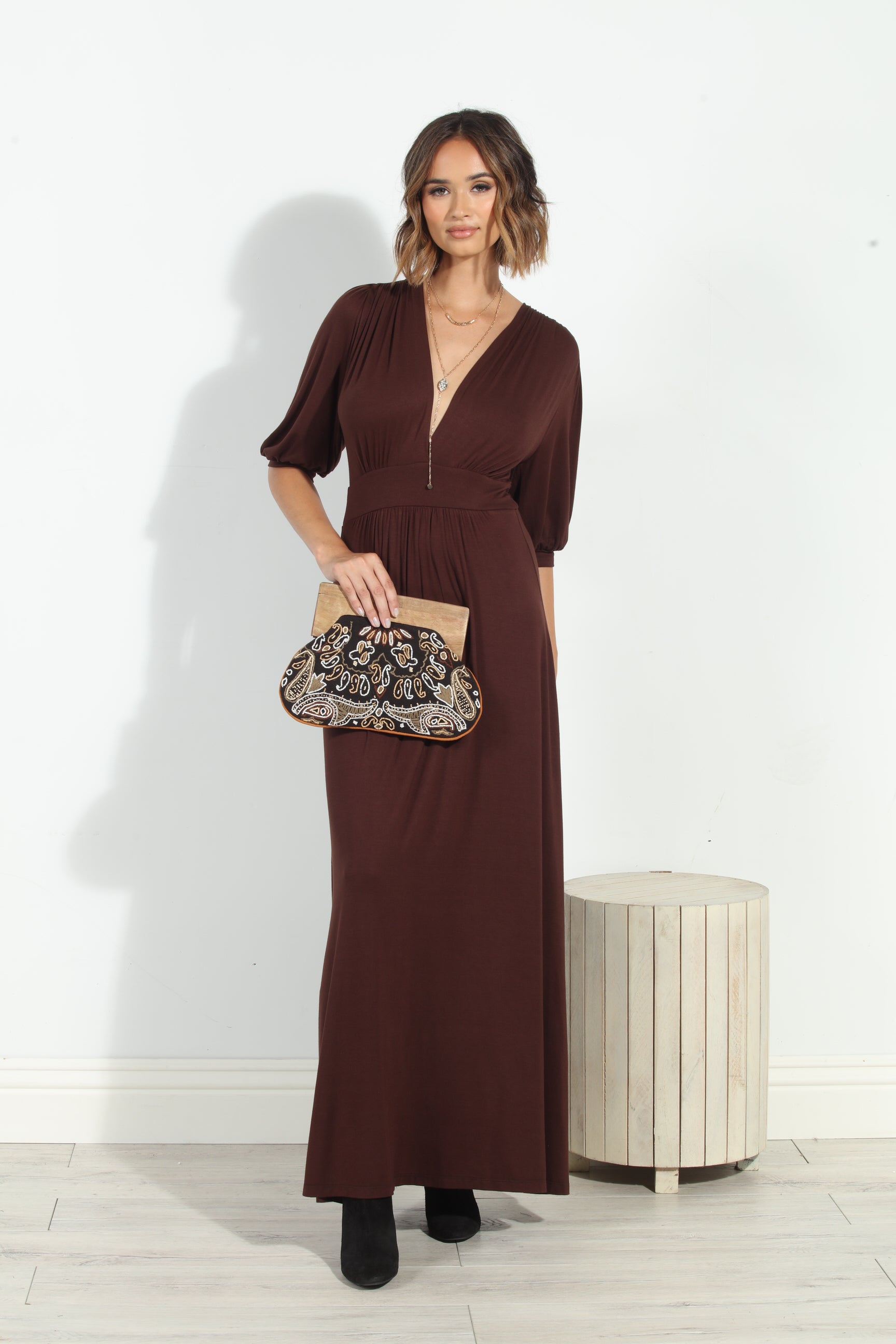 Dark Chocolate Puff Sleeve Maxi Dress