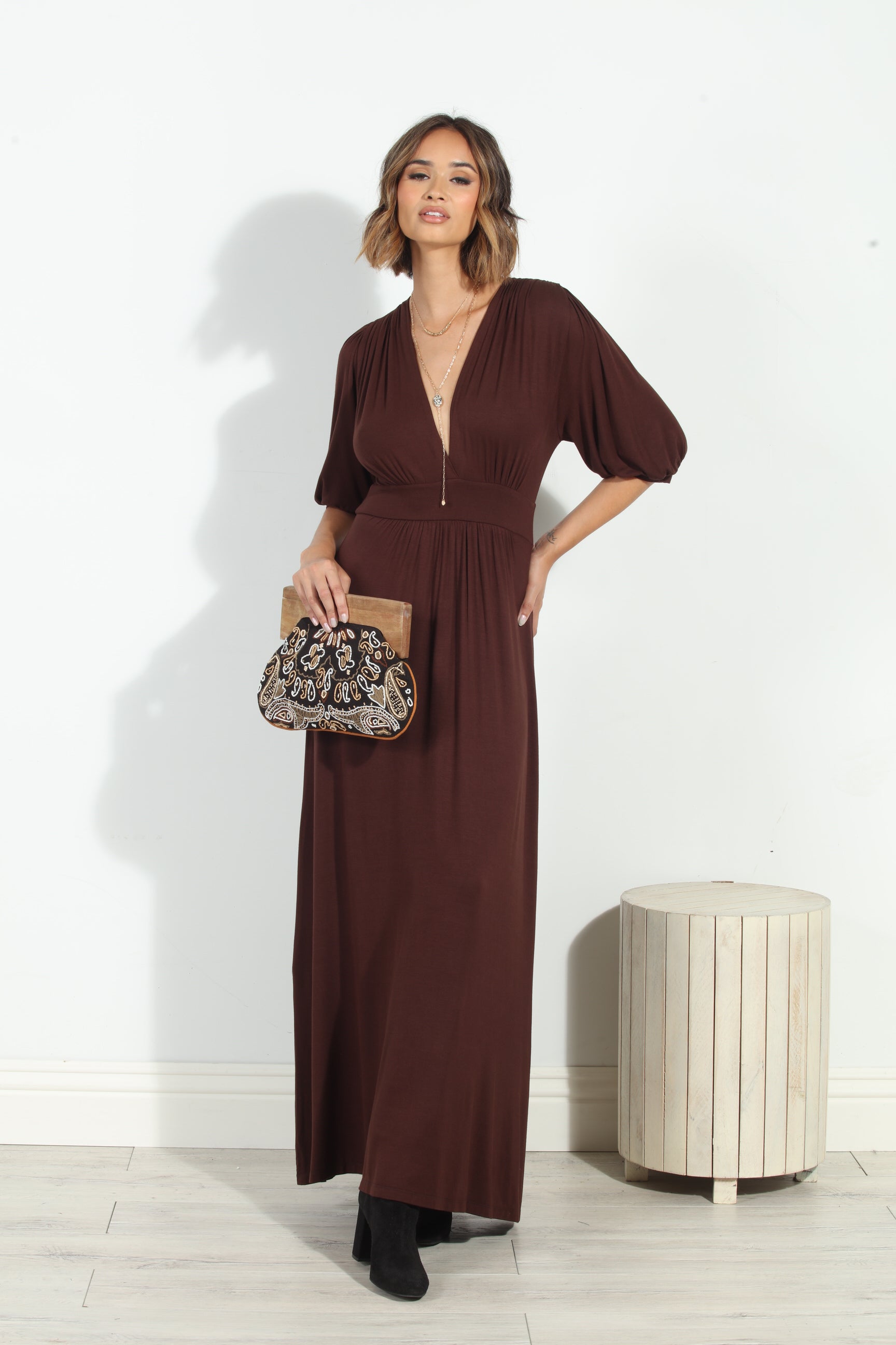 Dark Chocolate Puff Sleeve Maxi Dress