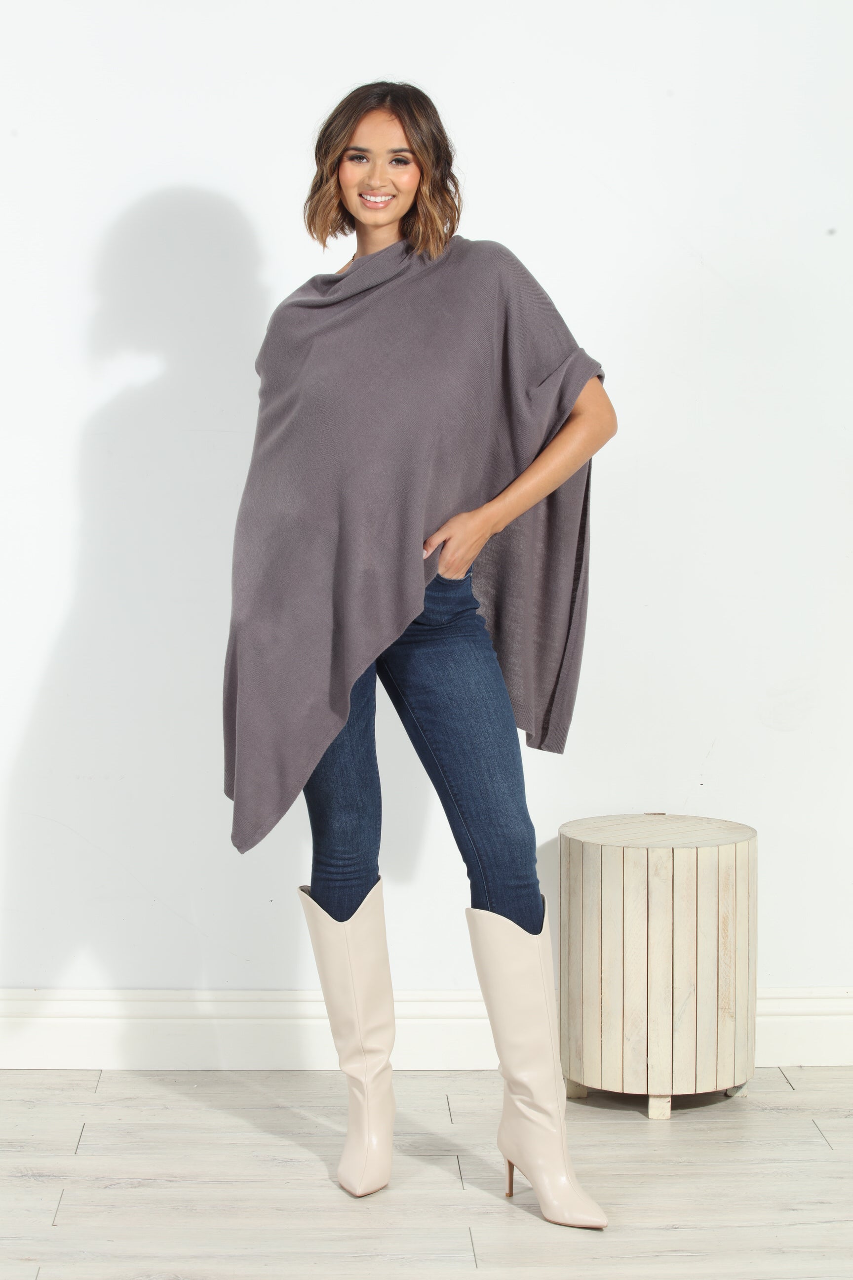 Dark Grey Throw-On Poncho- NEW COLOR