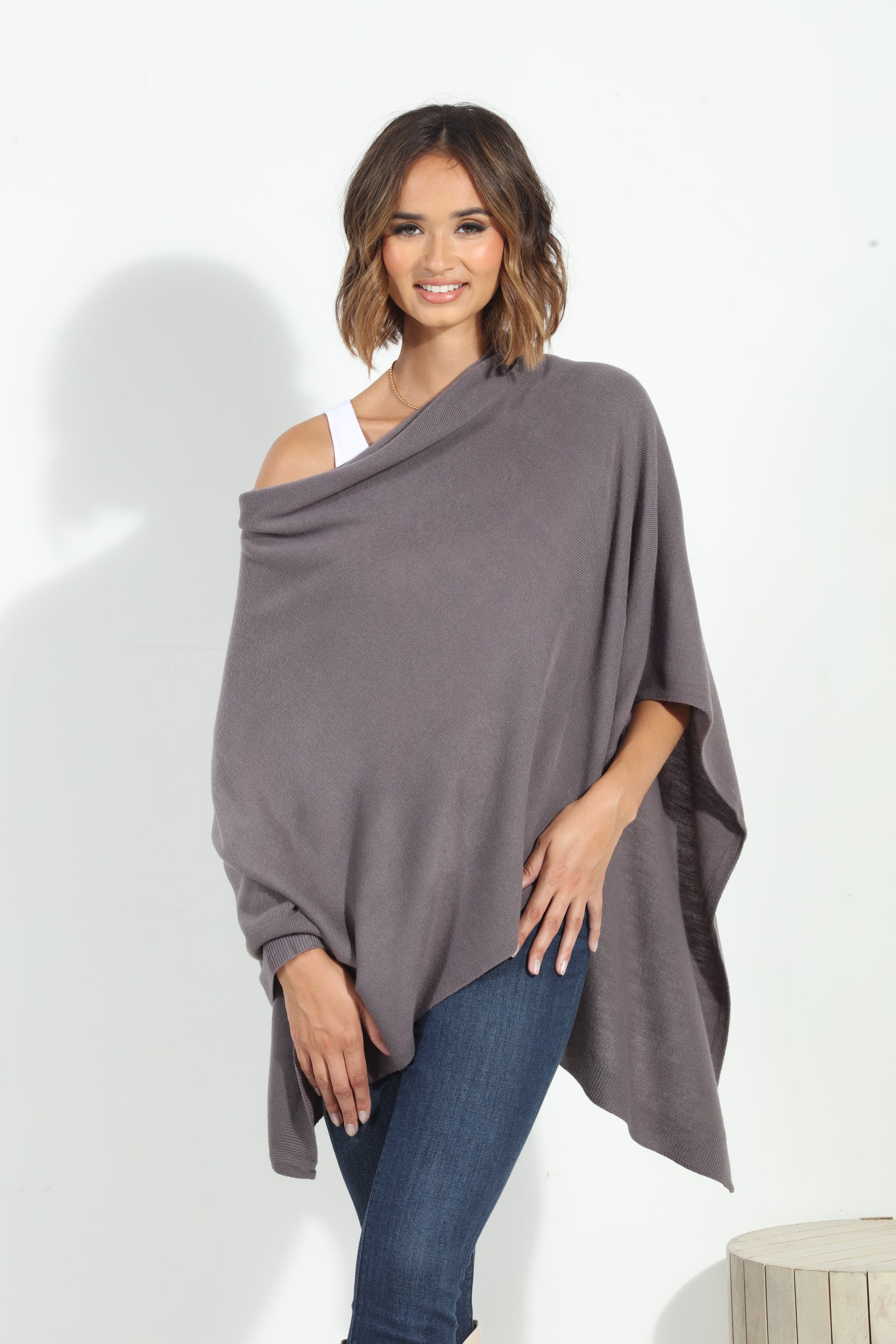 Dark Grey Throw-On Poncho- NEW COLOR