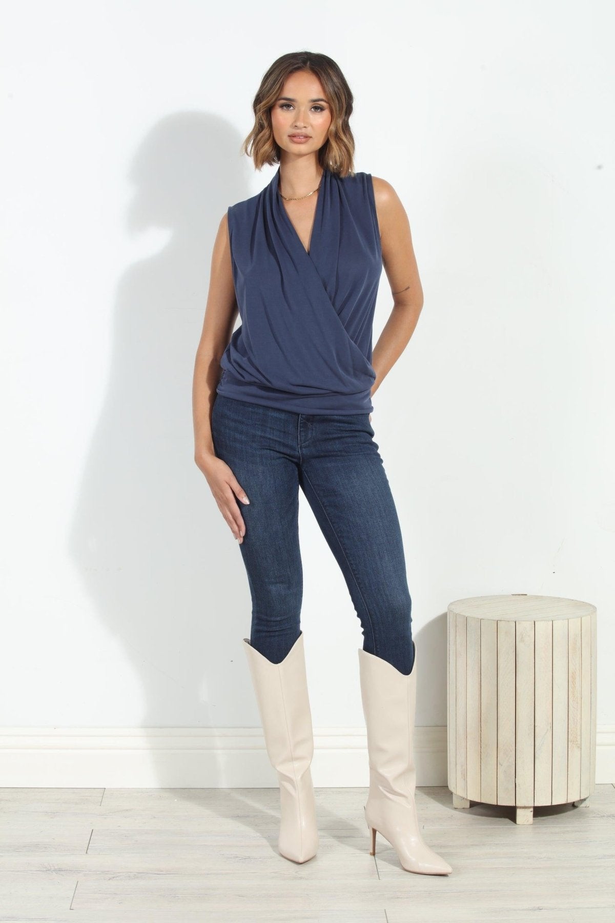 Navy Cupro Banded Surplice Tank-BEST SELLERS