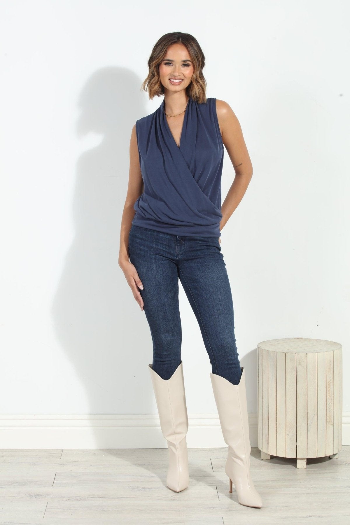 Navy Cupro Banded Surplice Tank-BEST SELLERS