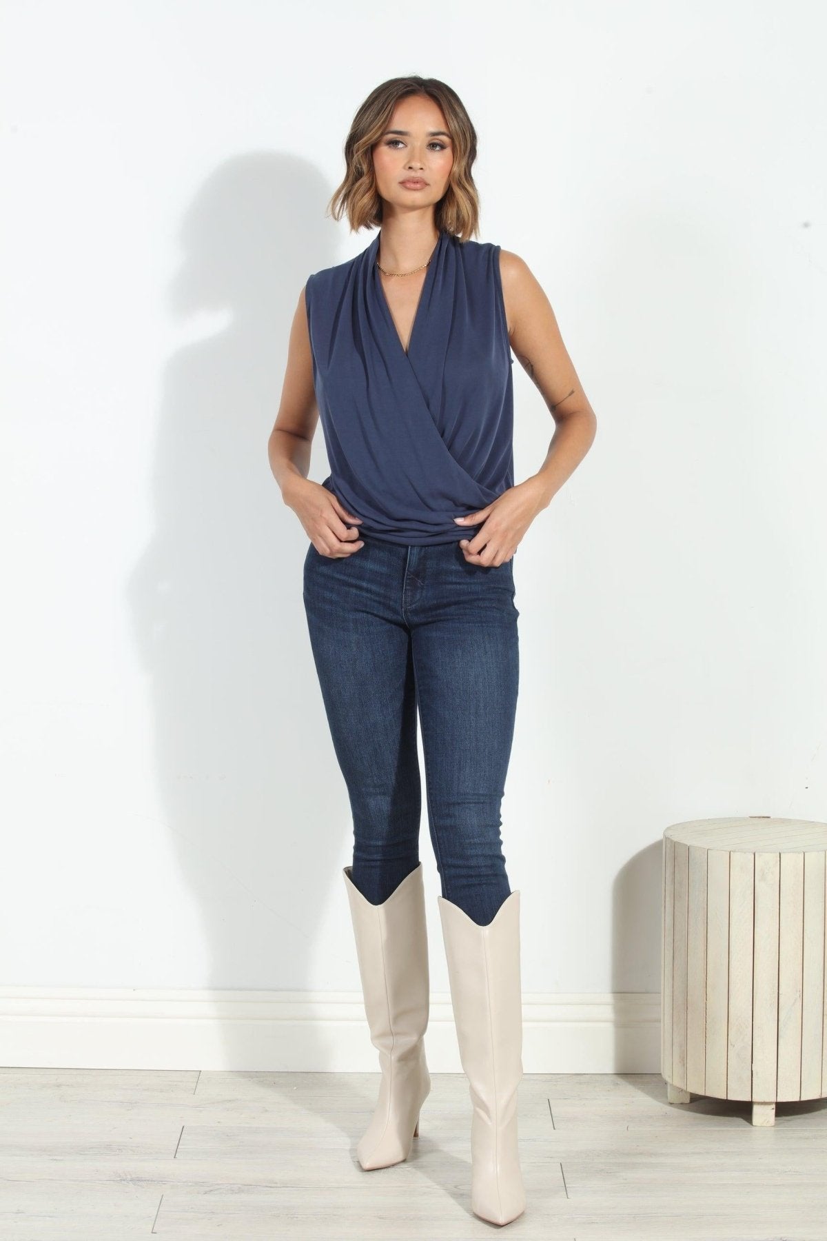 Navy Cupro Banded Surplice Tank-BEST SELLERS