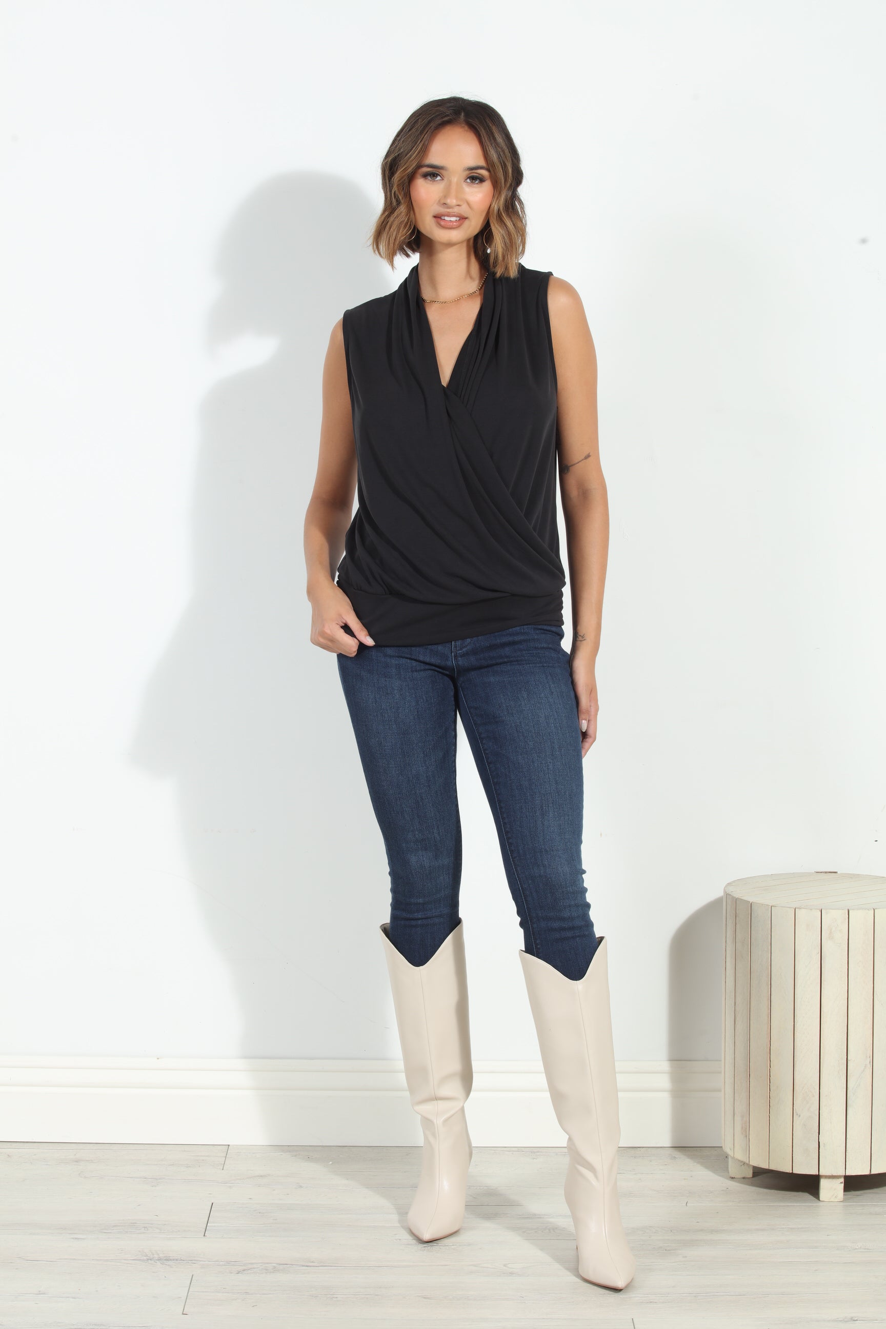 Black Cupro Banded Surplice Tank-BEST SELLER