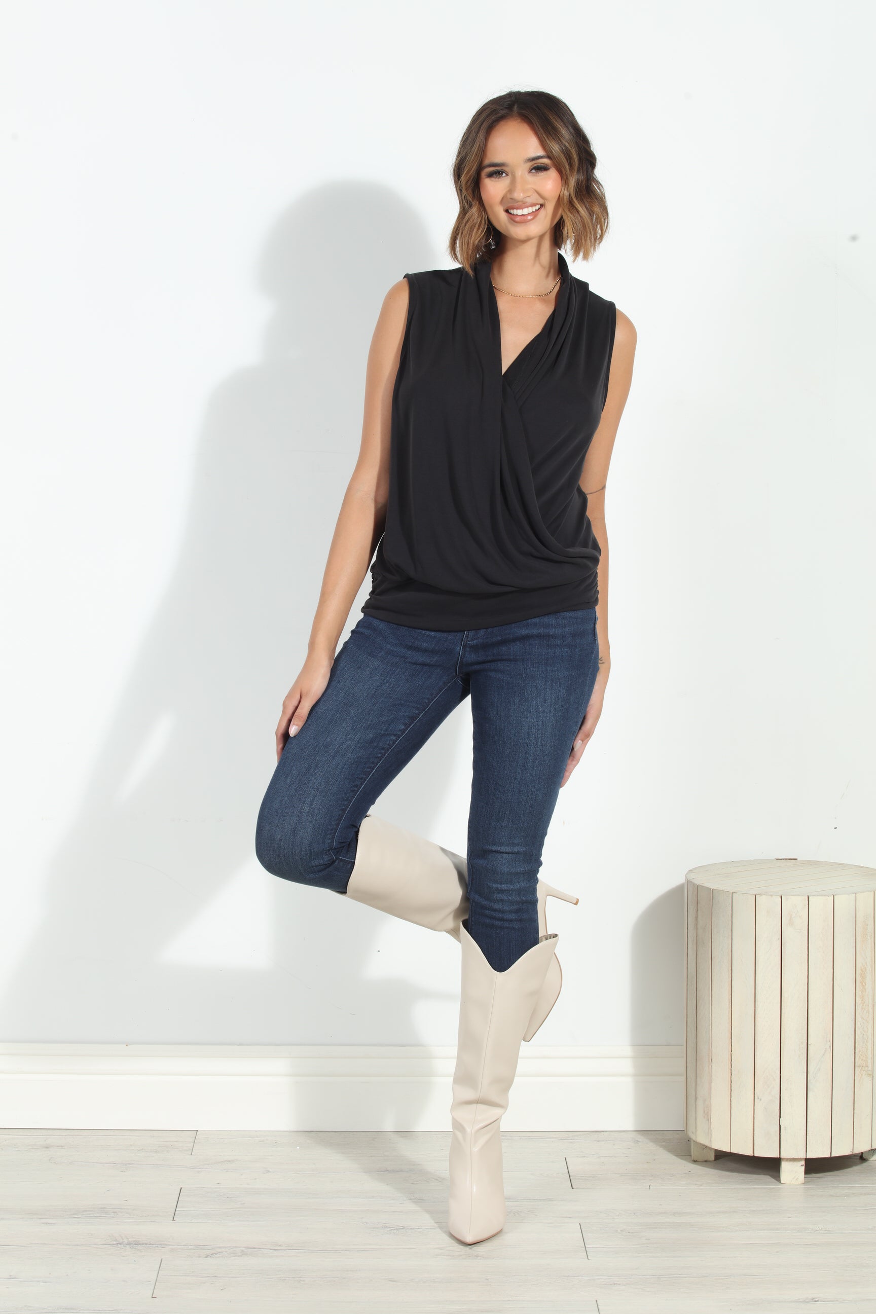 Black Cupro Banded Surplice Tank-BEST SELLER