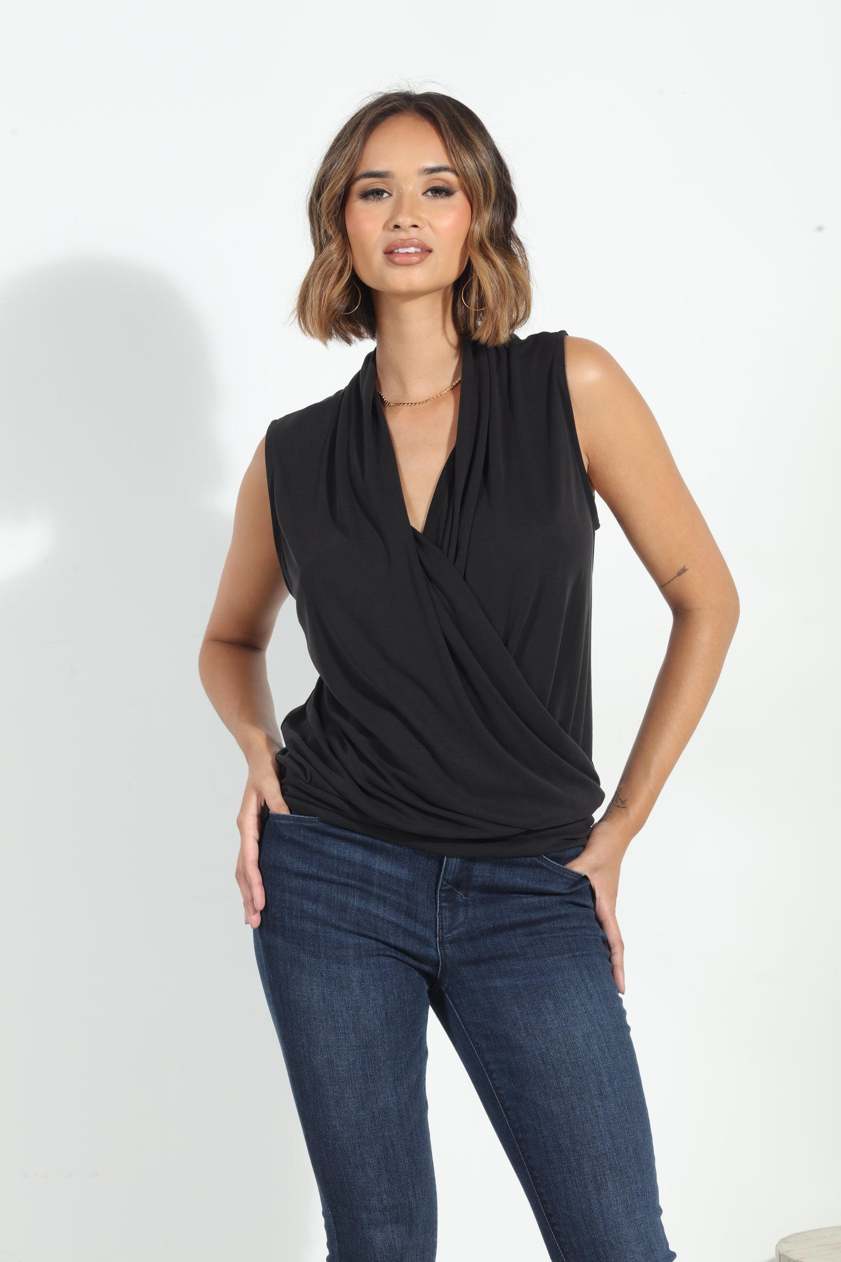 Black/Grey Cupro Banded Surplice Tank-BEST SELLER