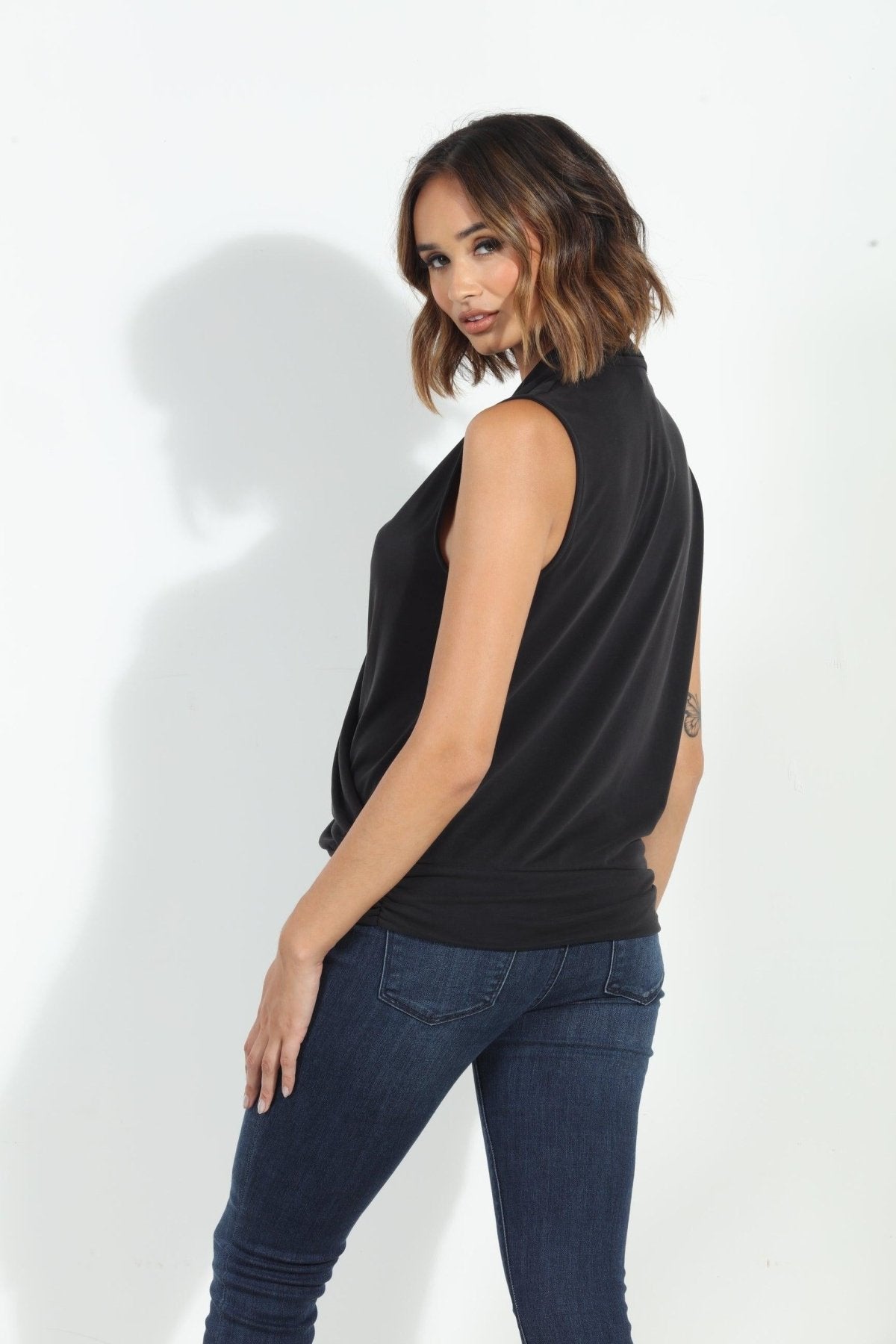 Black/Grey Cupro Banded Surplice Tank-BEST SELLER
