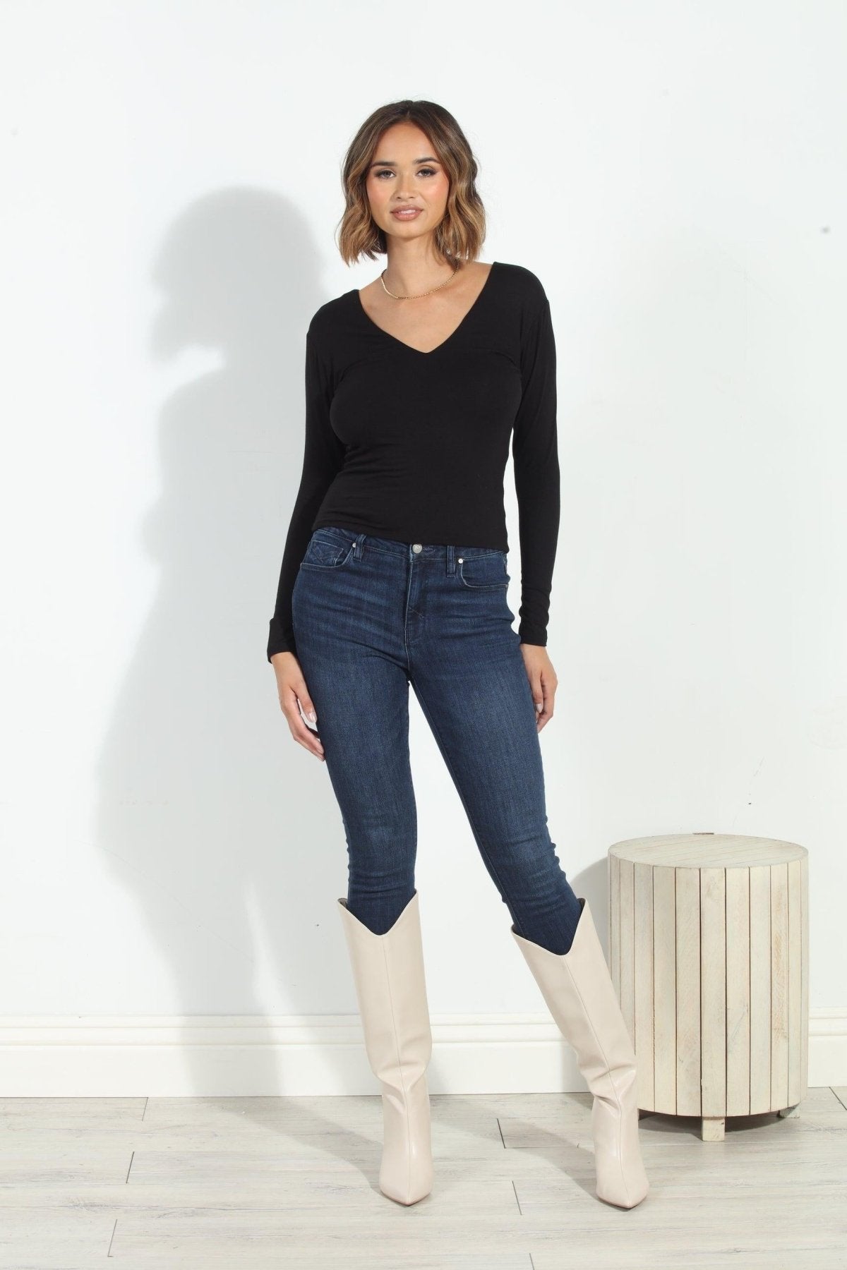 Jersey V-Neck Lined Top-Black-BEST SELLER