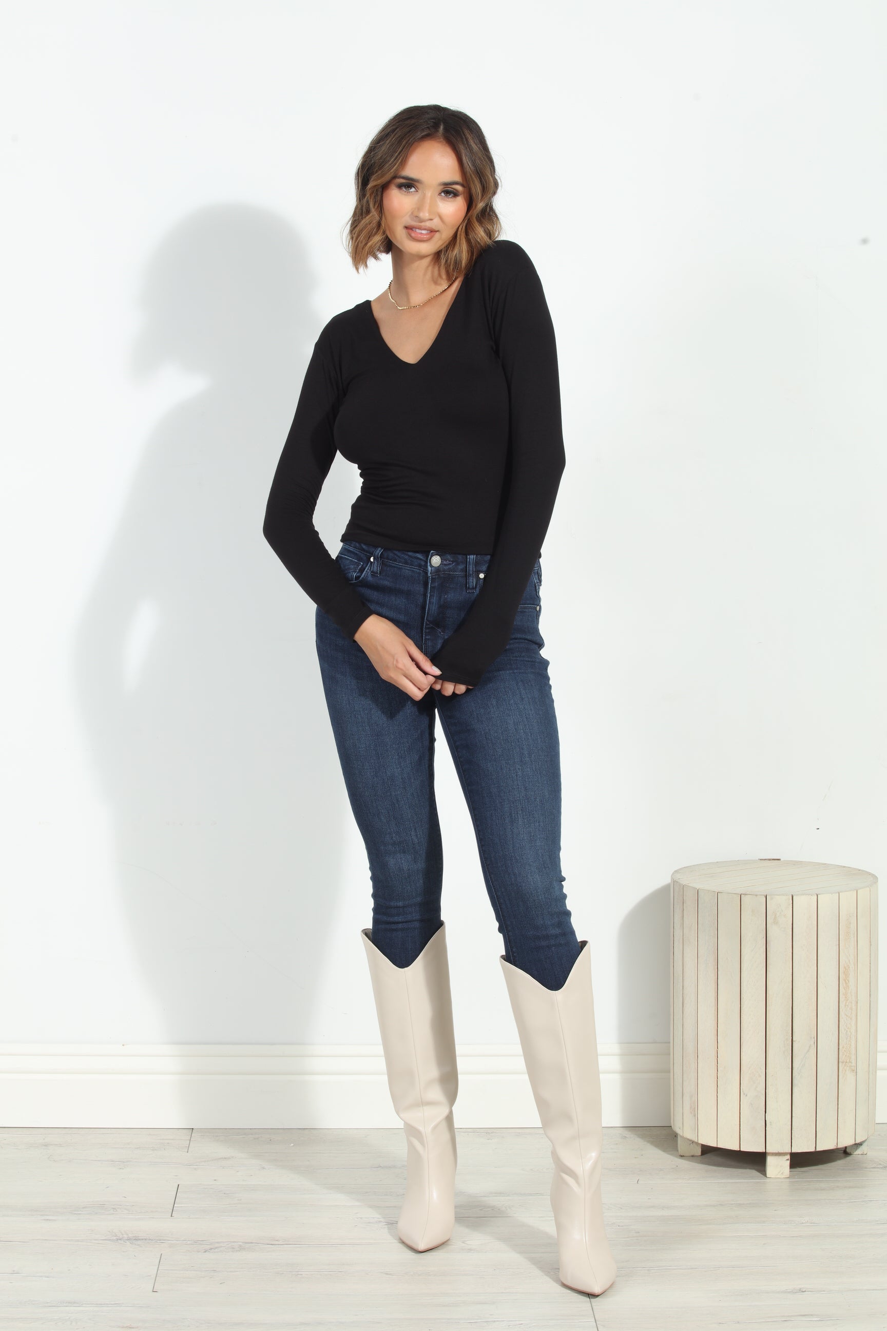 Jersey V-Neck Lined Top-Black-BEST SELLER