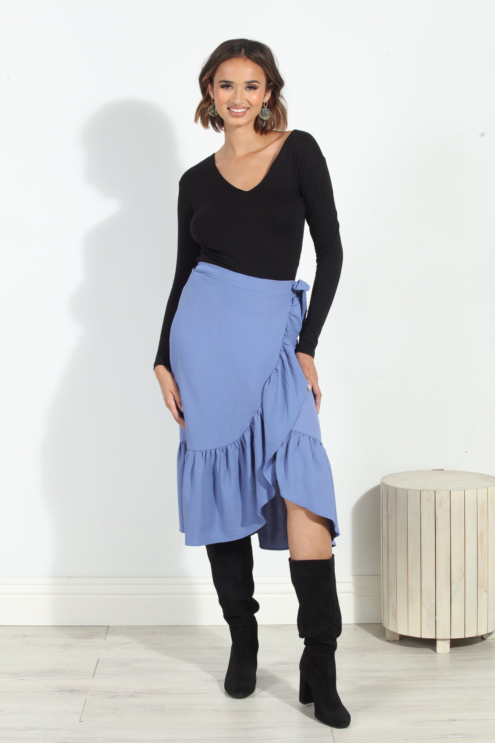 Denim Airflow Wrap Ruffle Skirt
