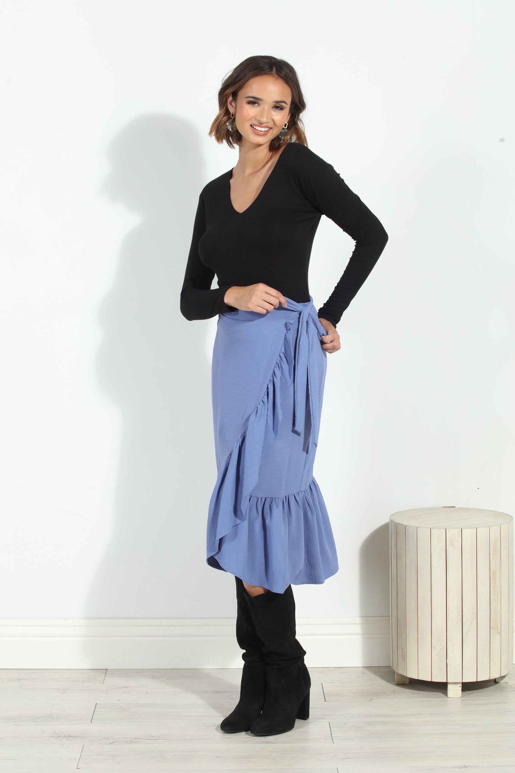 Denim Airflow Wrap Ruffle Skirt
