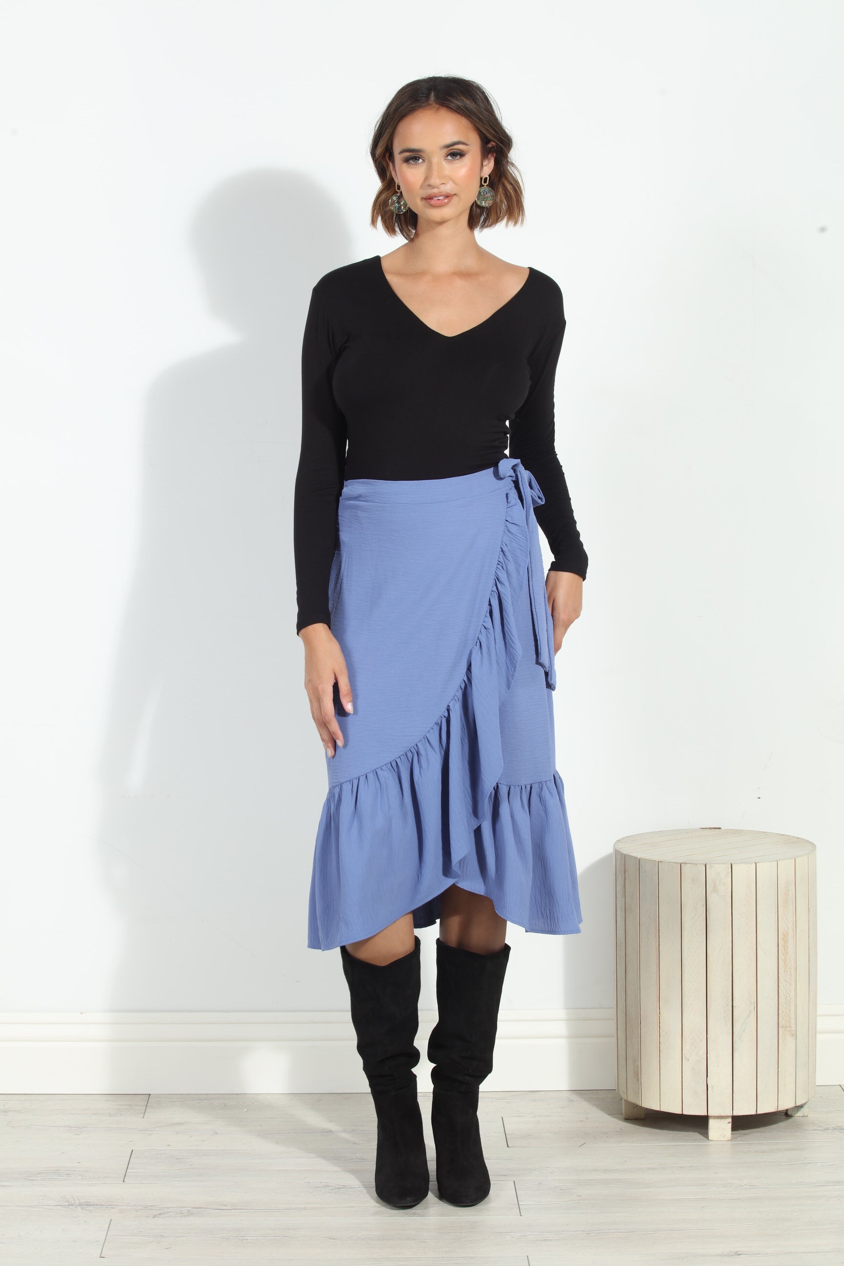 Denim Airflow Wrap Ruffle Skirt