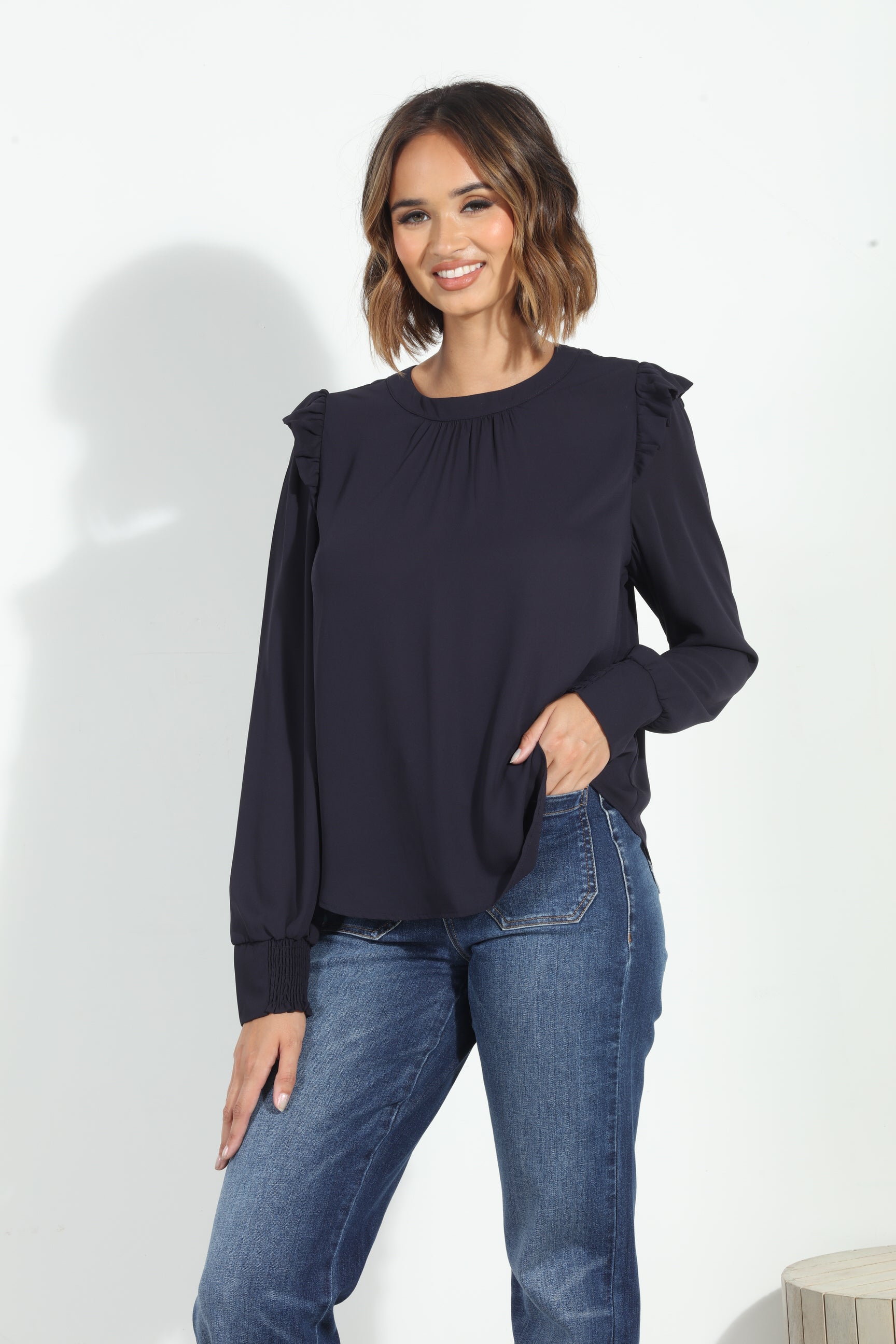 Jet Navy Hi-Neck Blouse-FINAL SALE