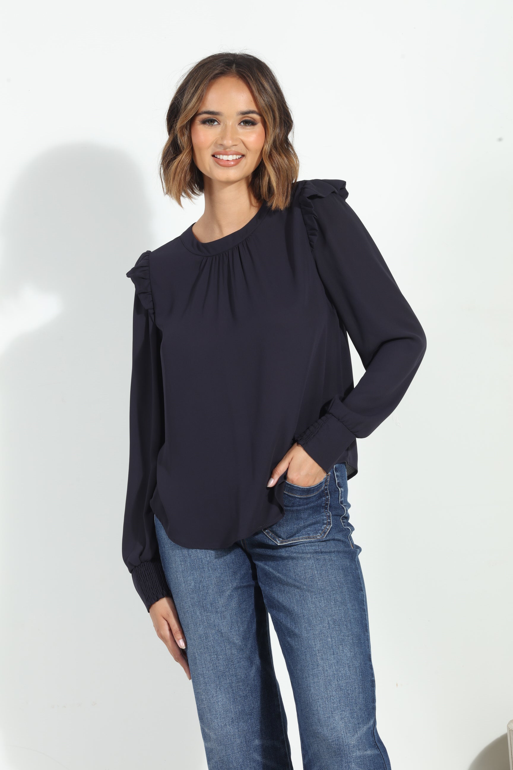 Jet Navy Hi-Neck Blouse