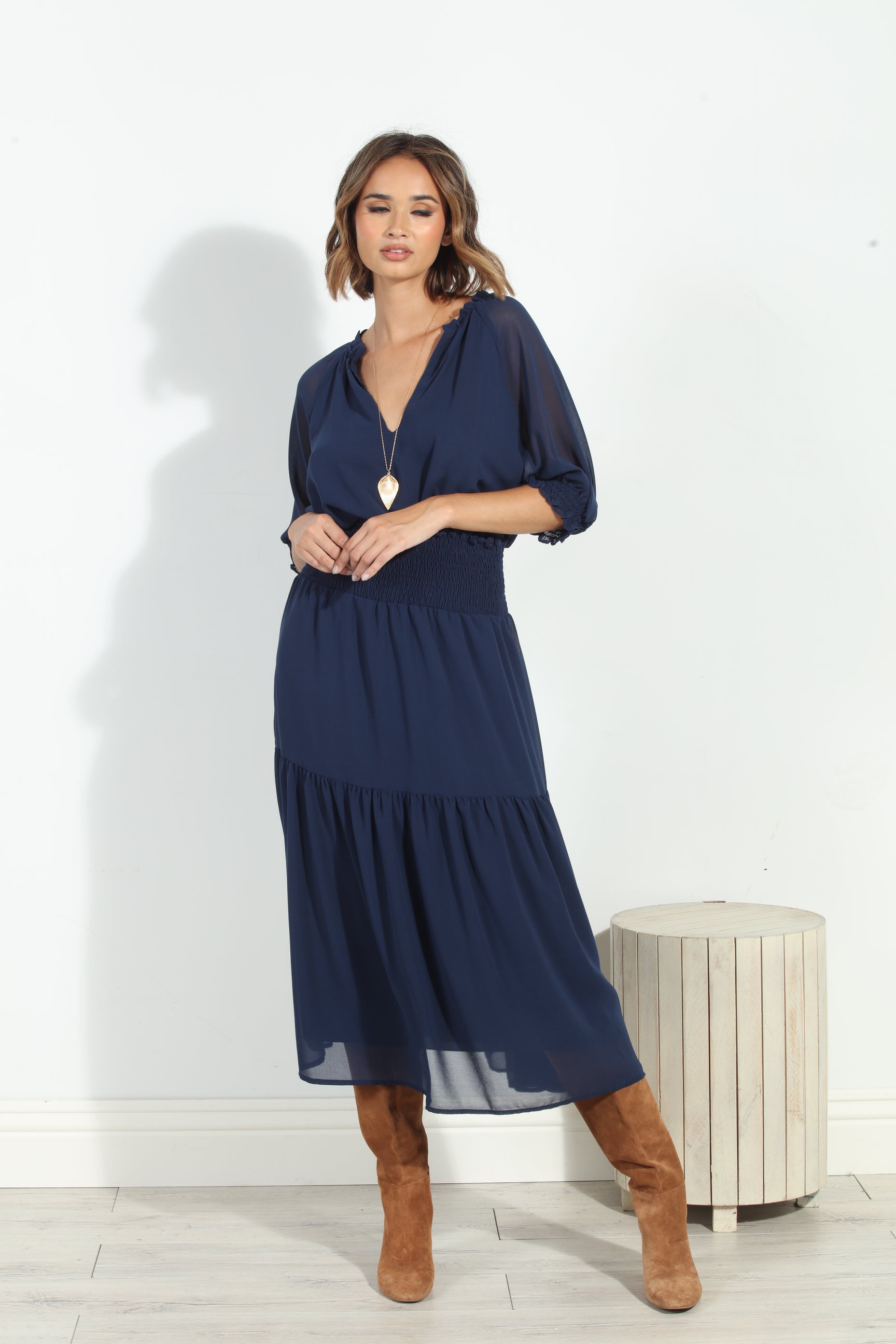 Navy Split Neck Blouse