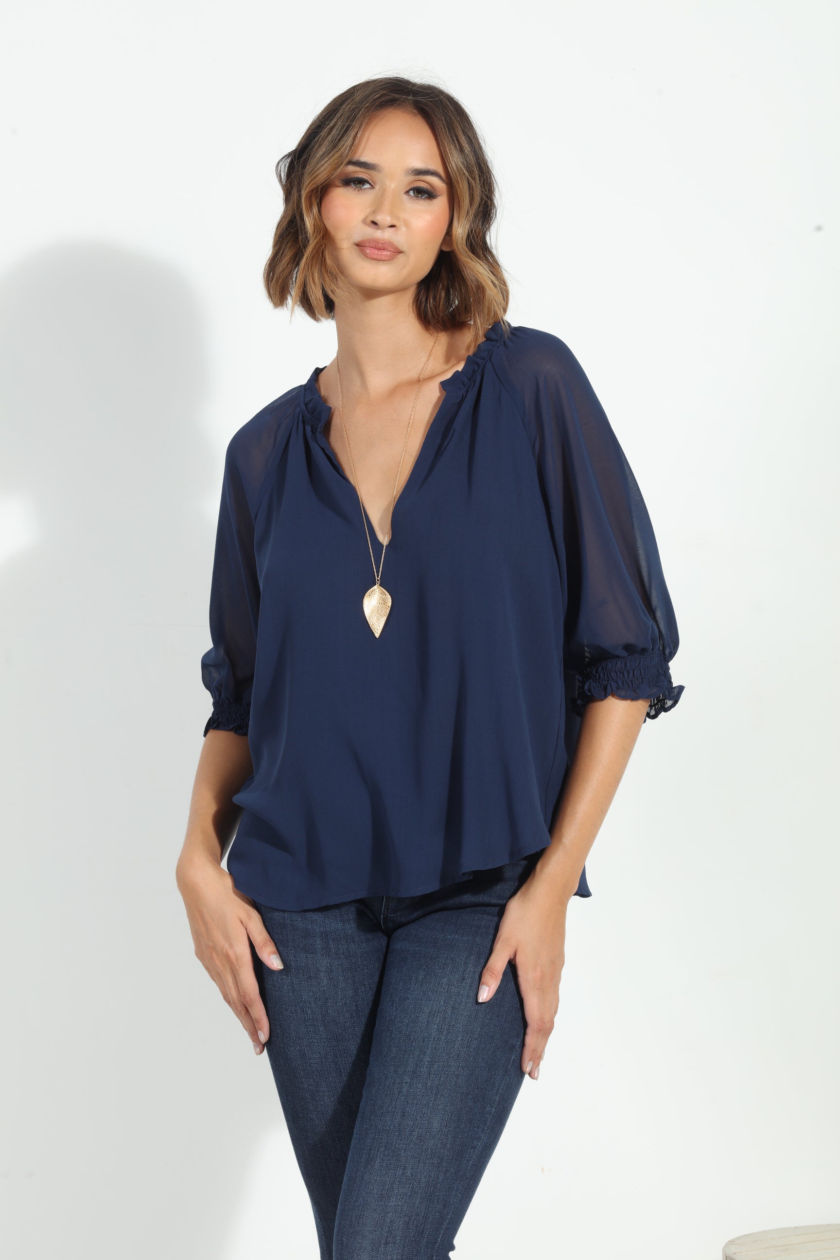 Navy Split Neck Blouse