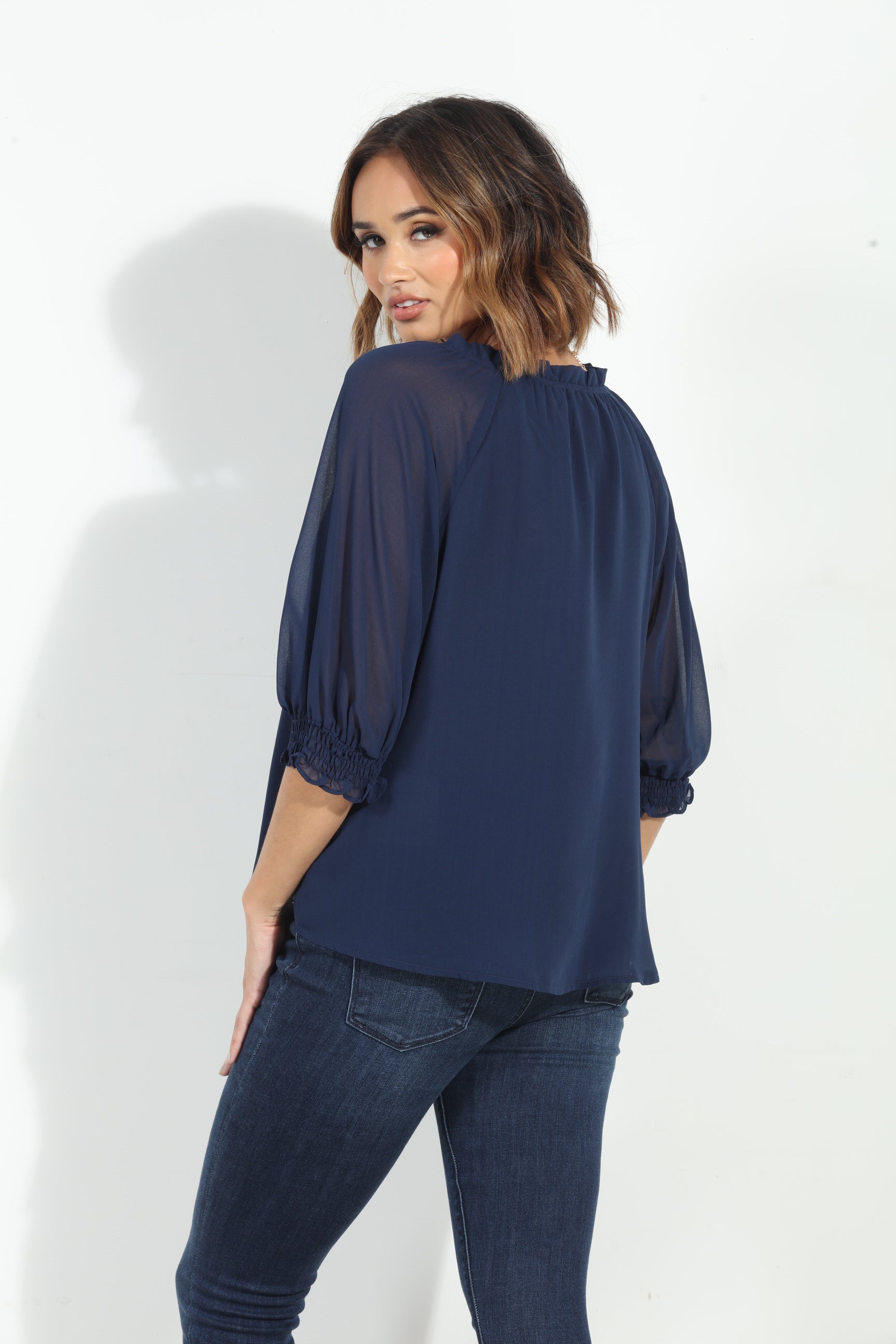 Navy Split Neck Blouse