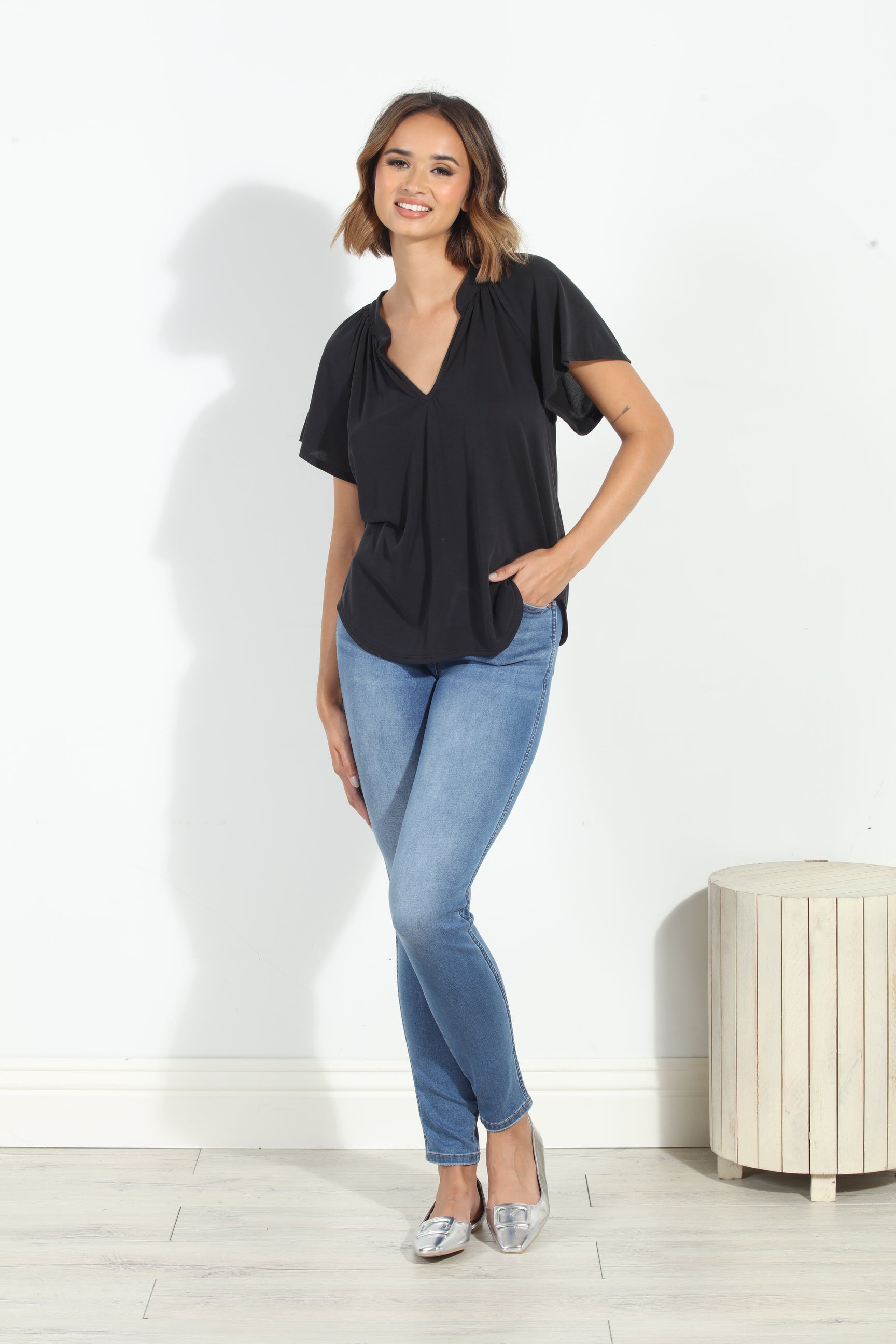 Black Short Sleeve Cupro Split Neck Top