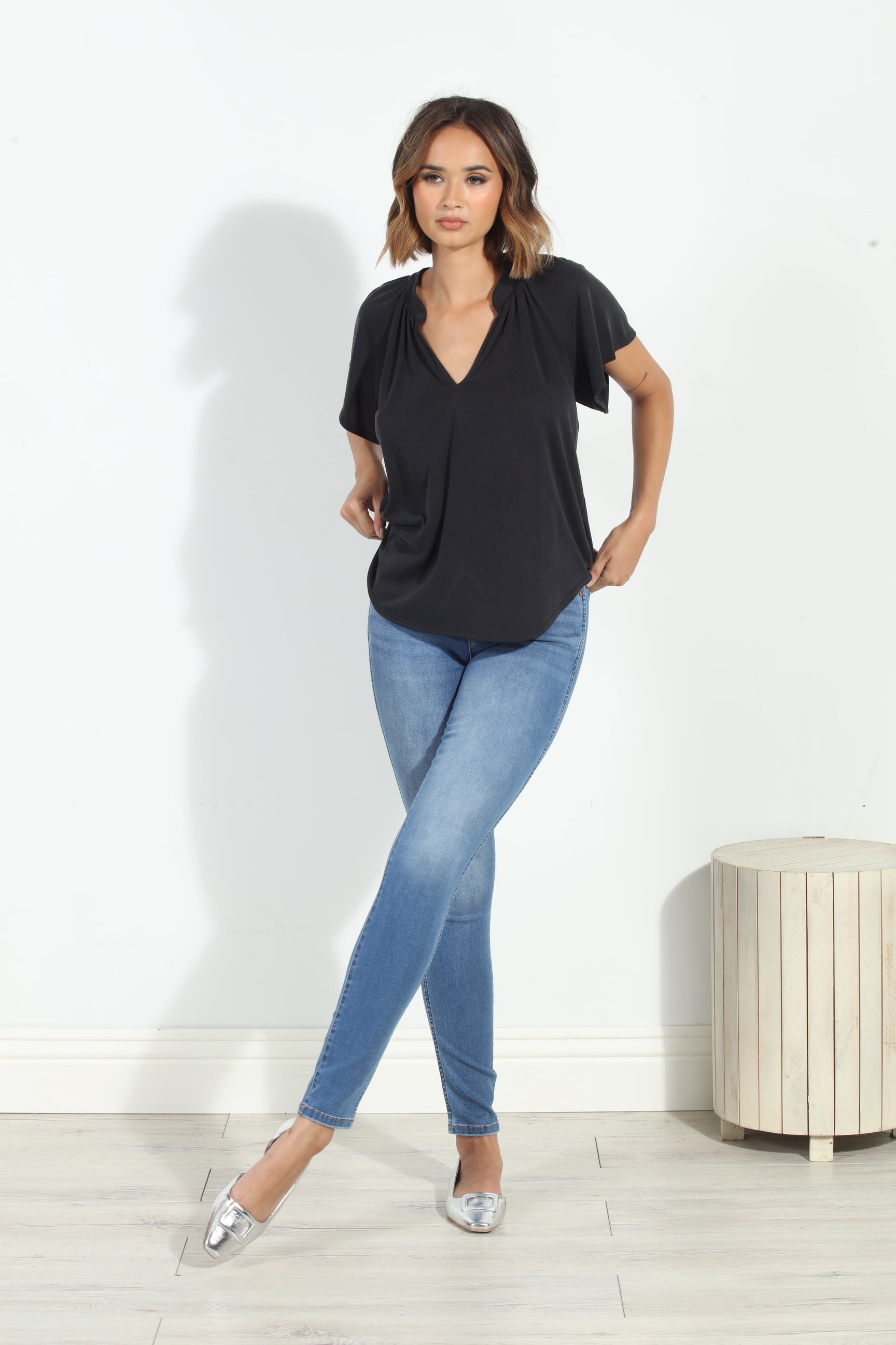 Black Short Sleeve Cupro Split Neck Top