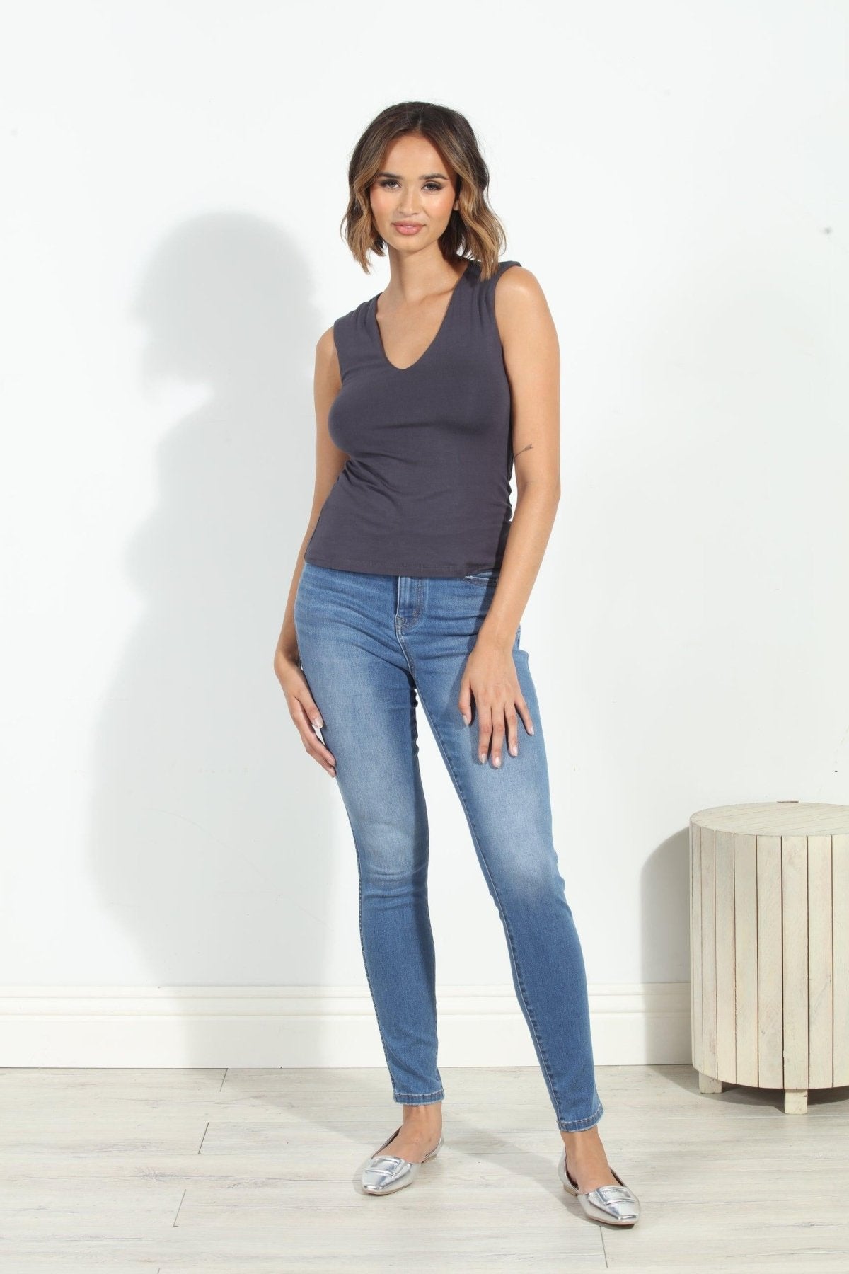 Jersey Lined Mom Cropped Tee-Charcoal