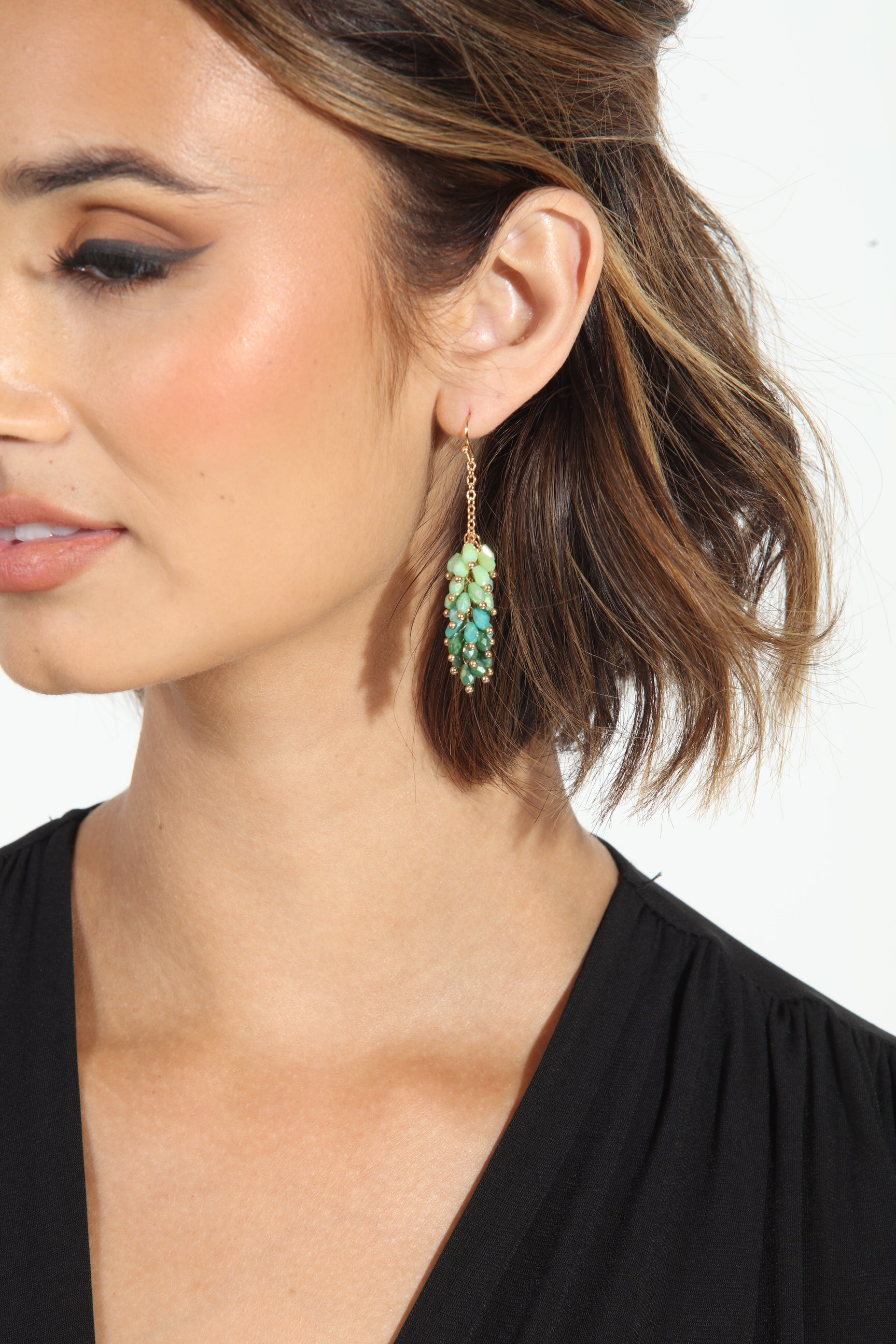 Green Beaded Drop Down Earrings