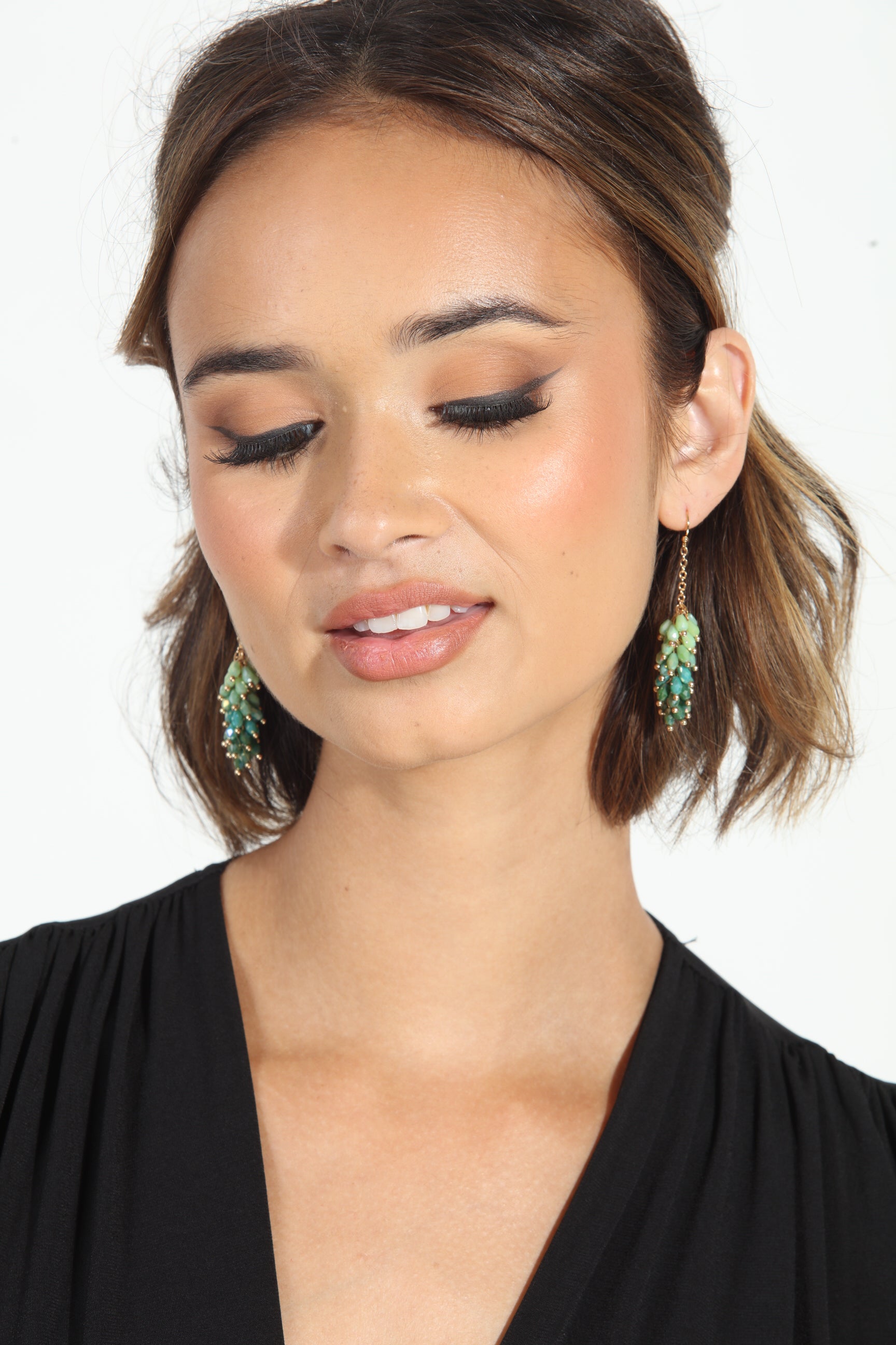 Green Beaded Drop Down Earrings