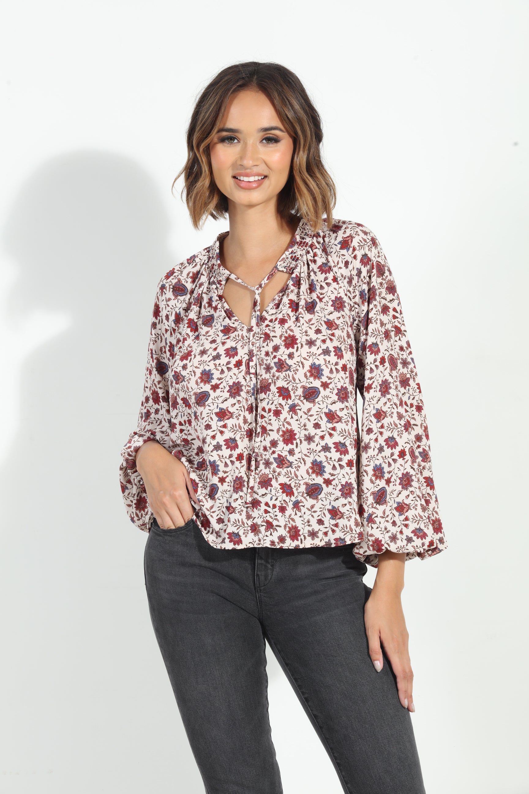 Fiori Smocked Neck Blouse