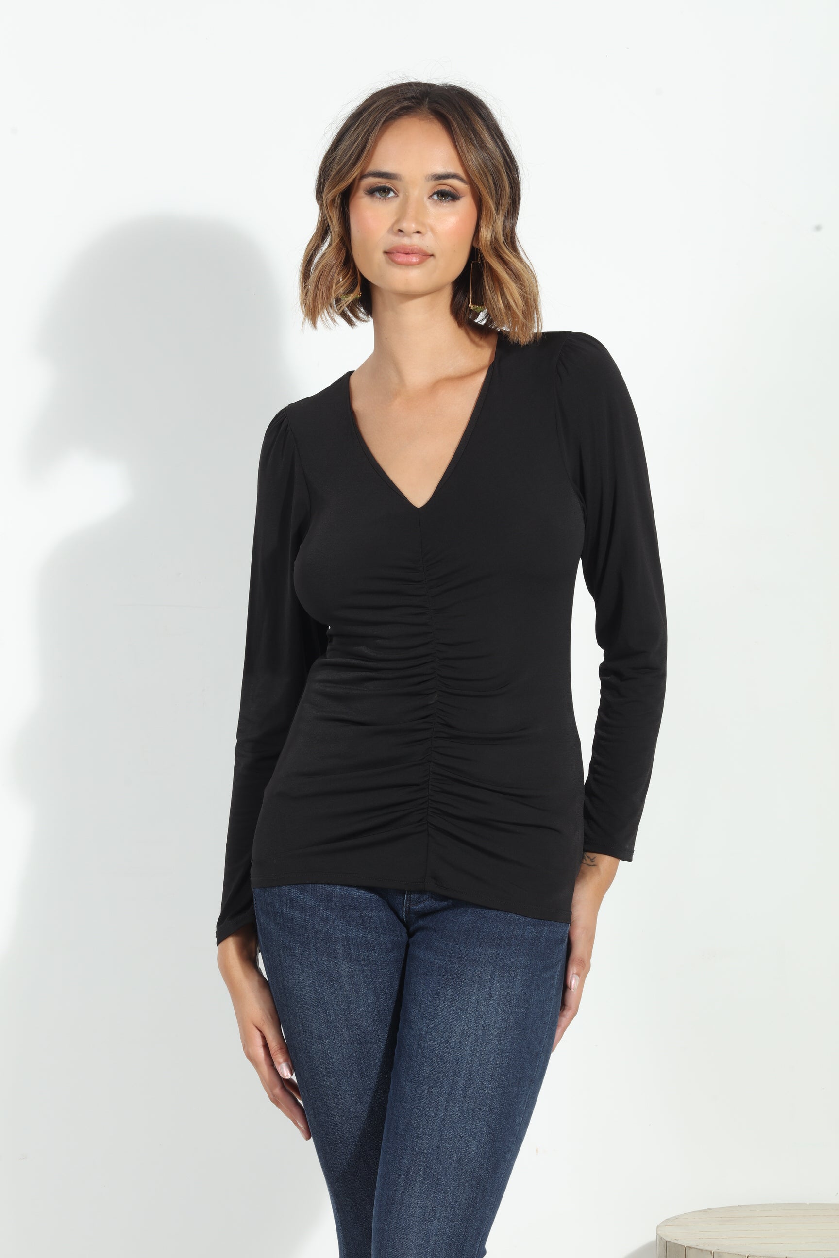 Black Shirred Stretch Long Sleeve Top