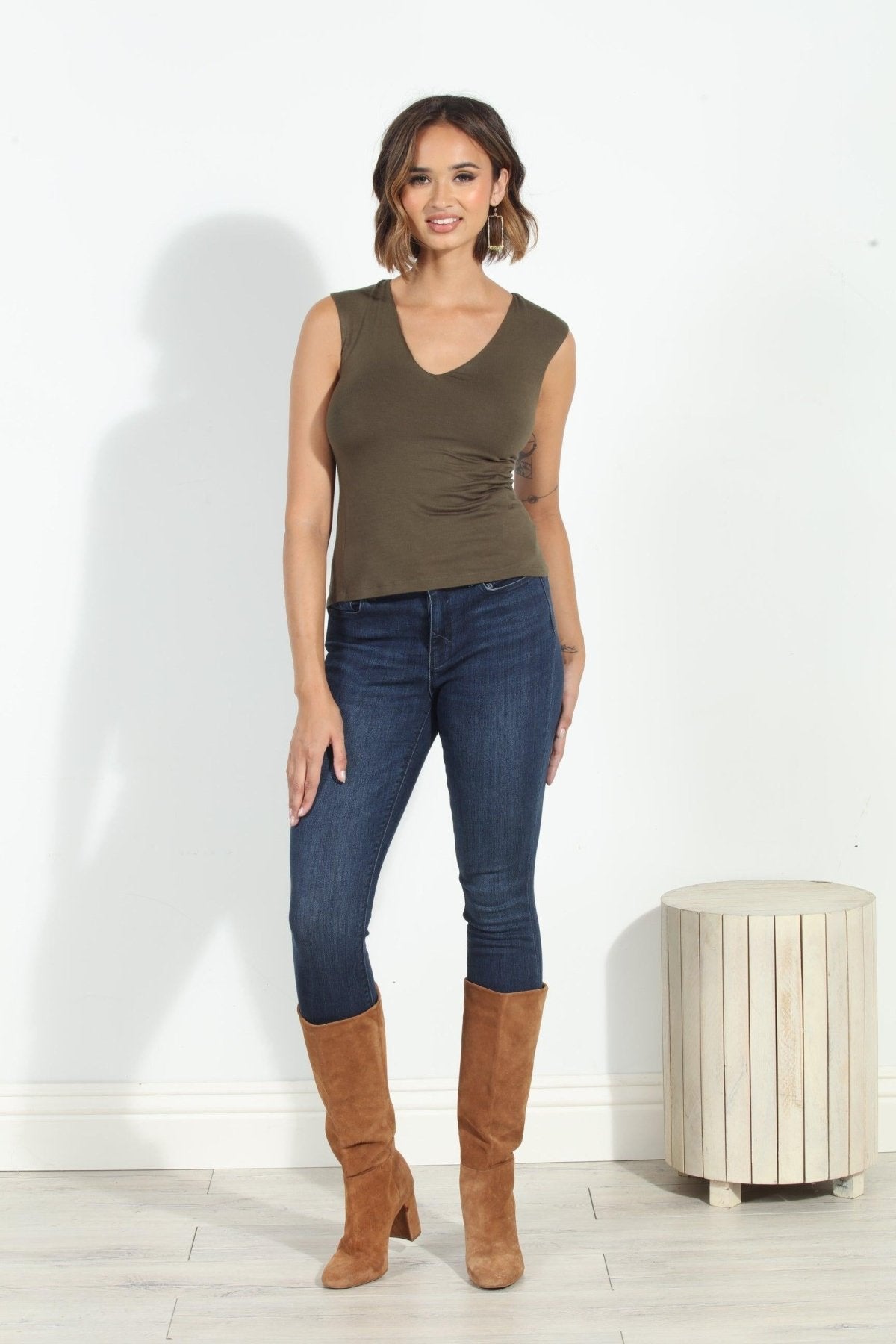 Jersey Lined Mom Cropped Tee- Olive