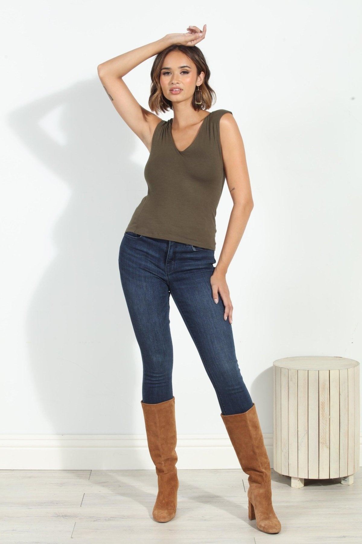 Jersey Lined Mom Cropped Tee- Olive