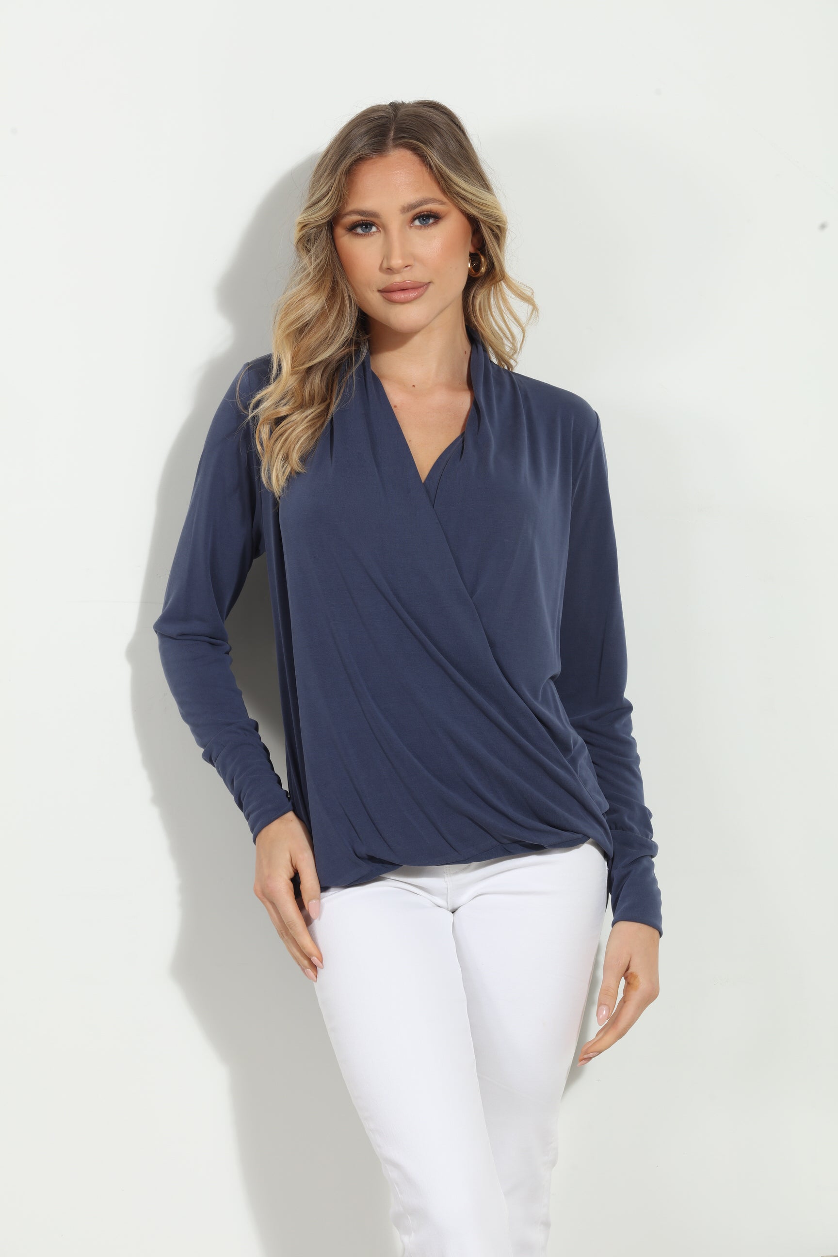 Navy Cupro Draped Surplice Top - BEST SELLER