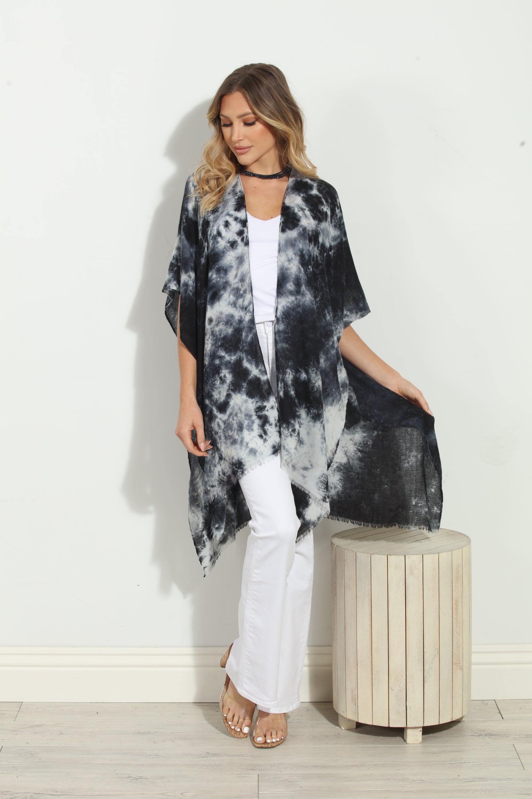 Storm Tie-Dye Open Kimono Cover-Up