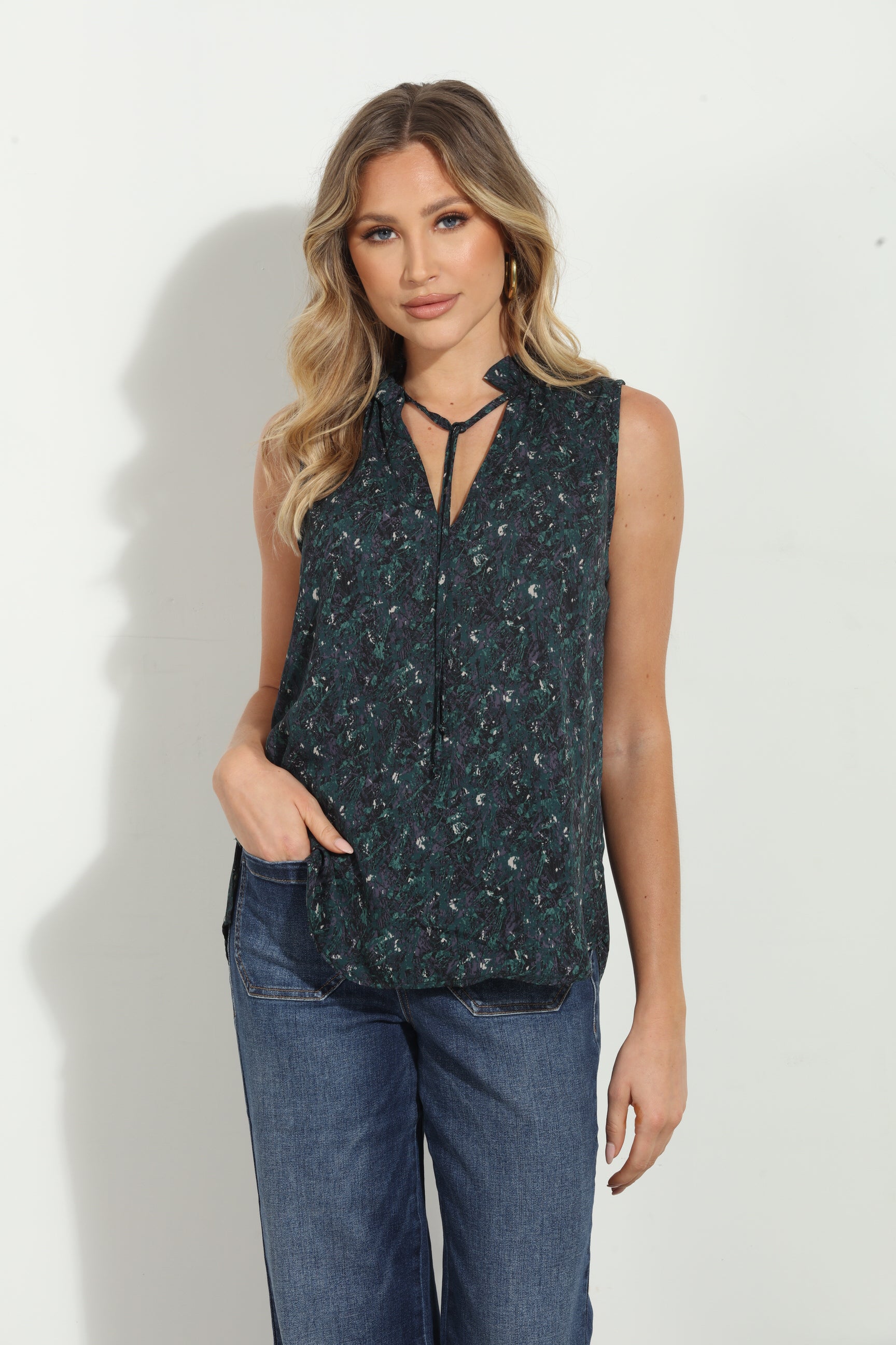 Travis Pleated Neck Sleeveless Blouse