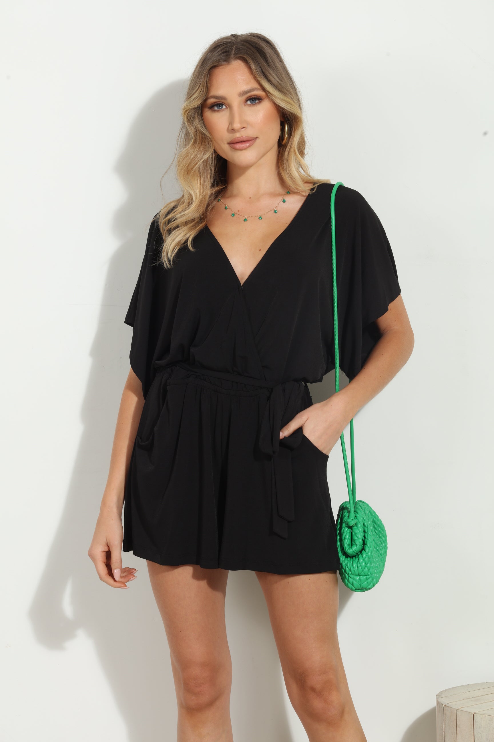 Black Short Sleeve Open-Back Romper