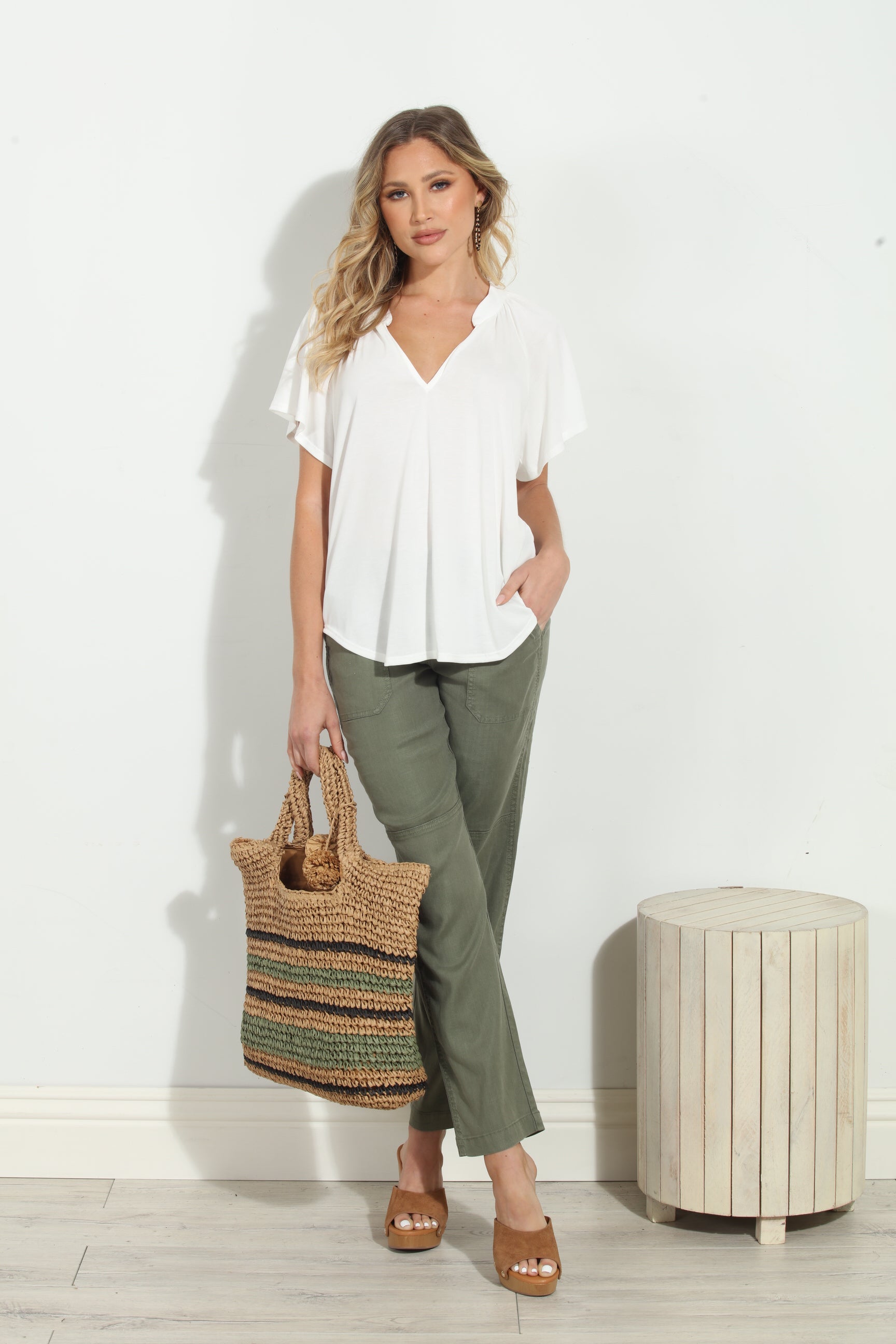 Ivory Short Sleeve Stretch Split Neck Top