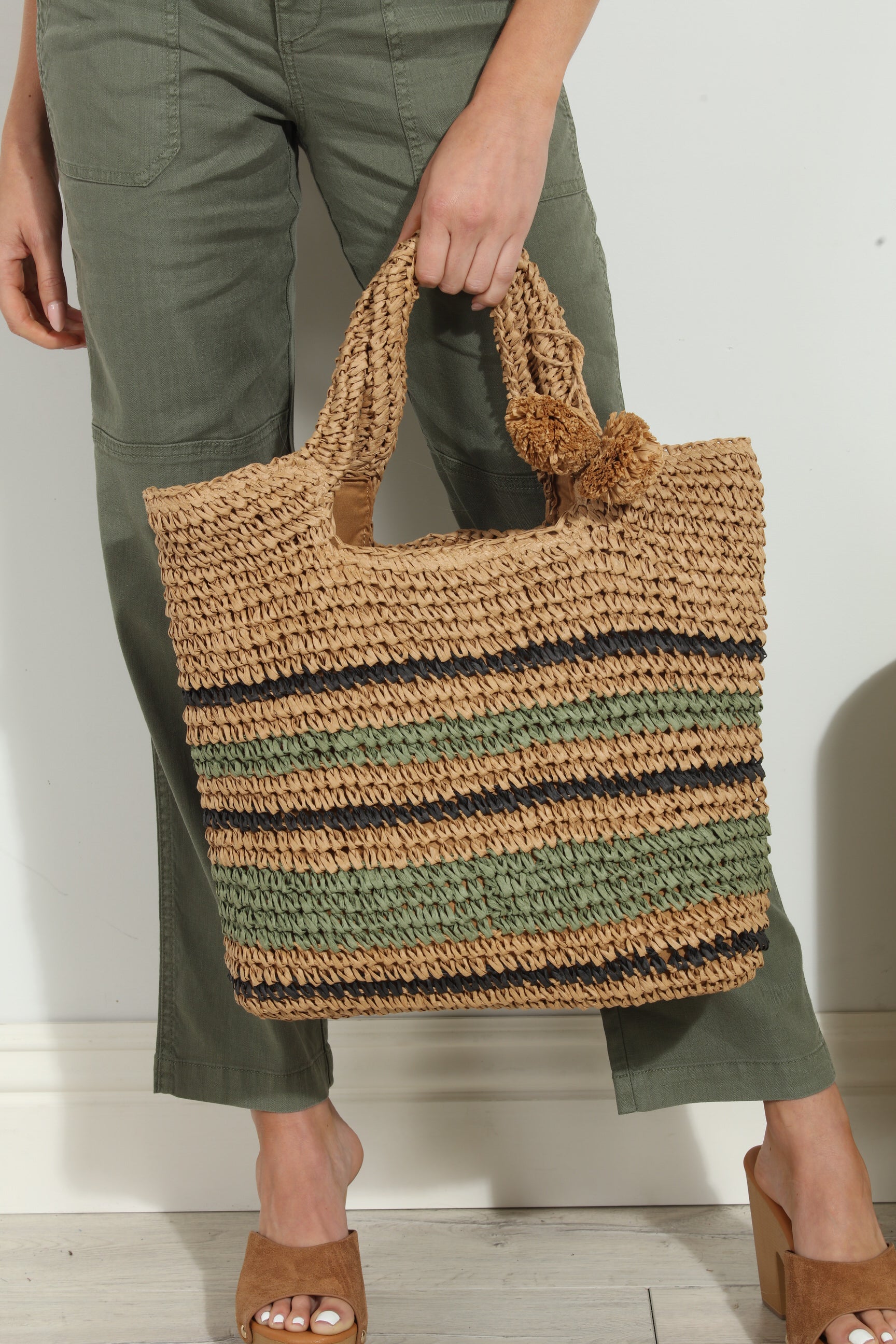 Green and Black Stripe Woven Shoulder Bag