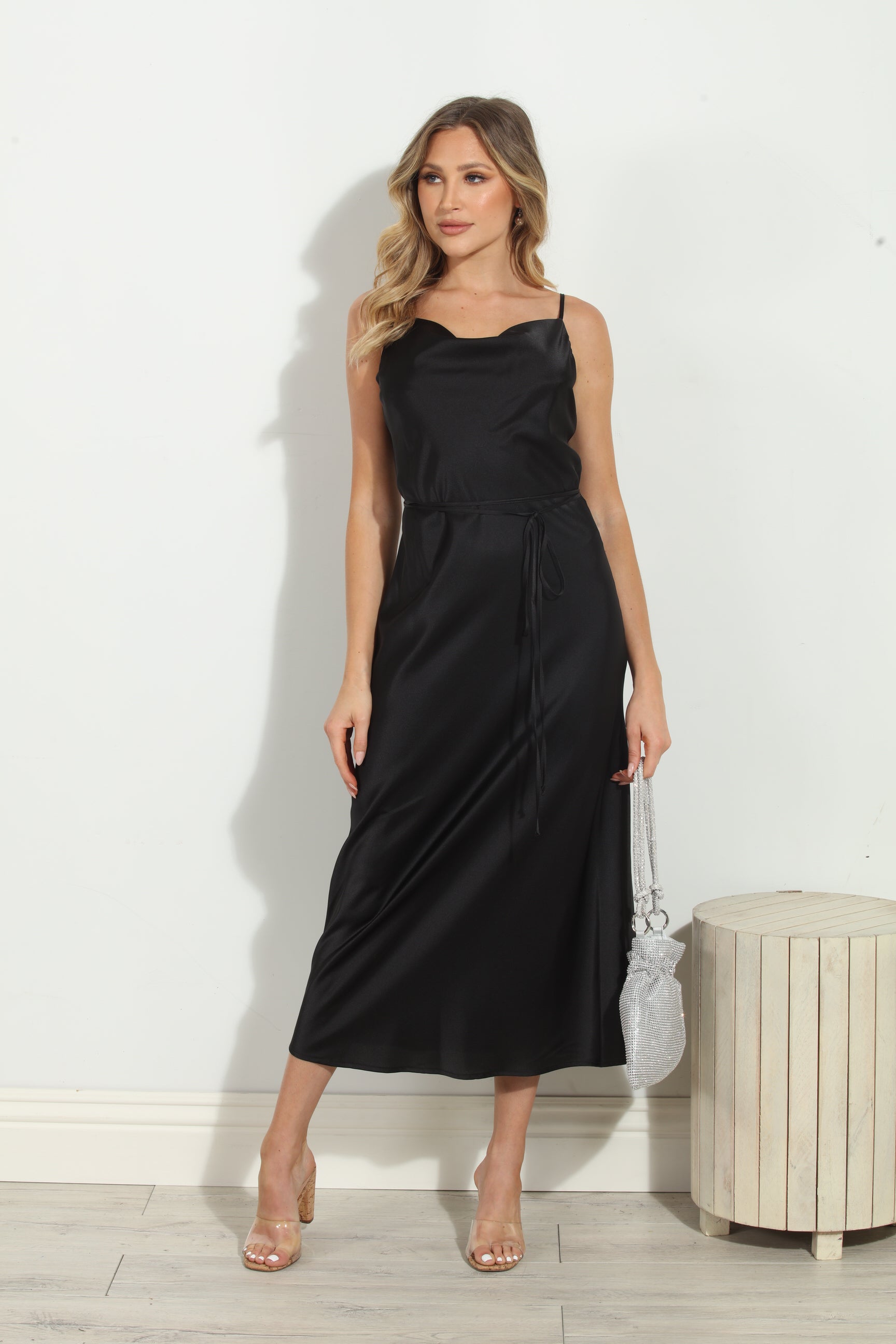 Black Satin Bias Midi Dress