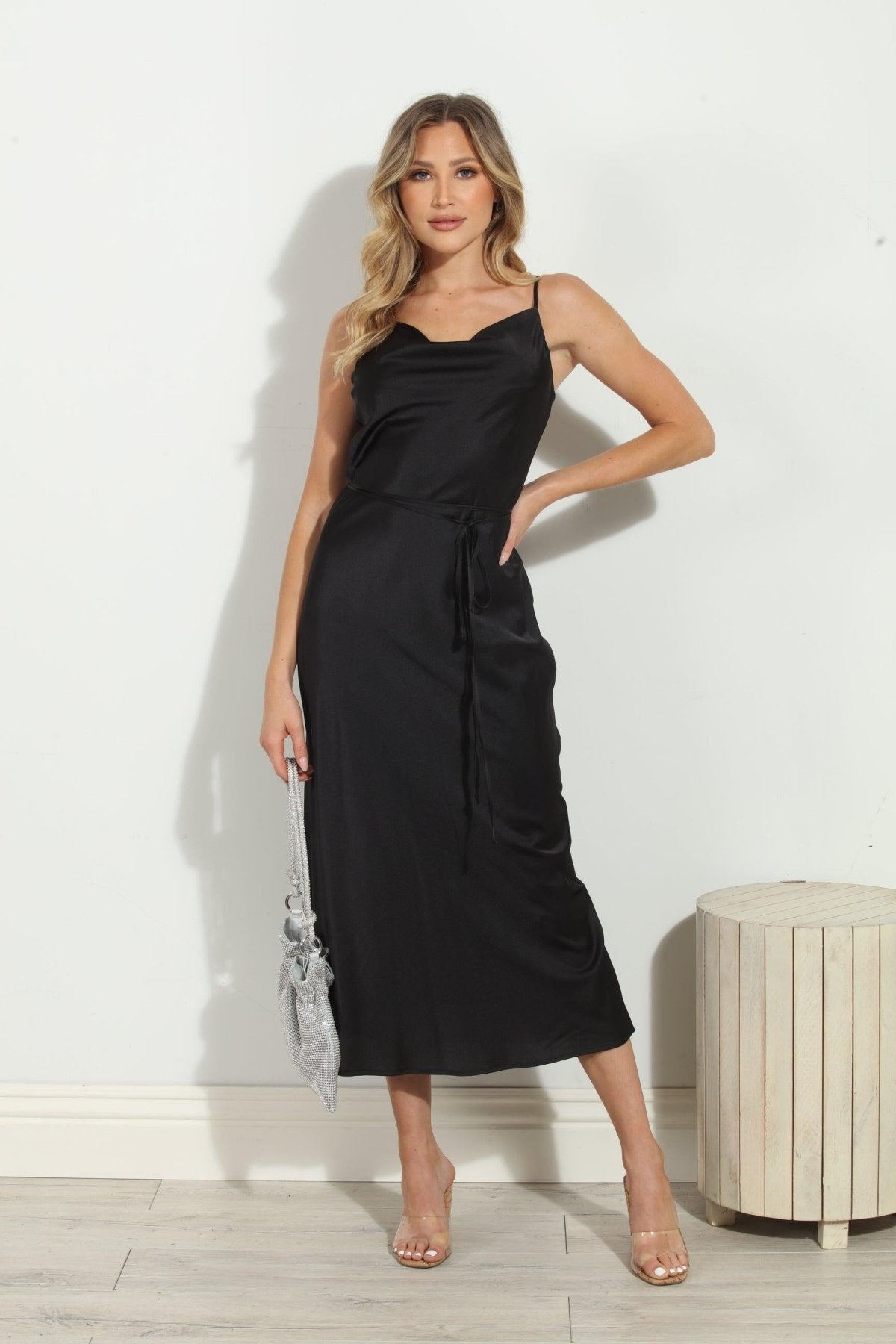 Black Satin Bias Midi Dress-FINAL SALE