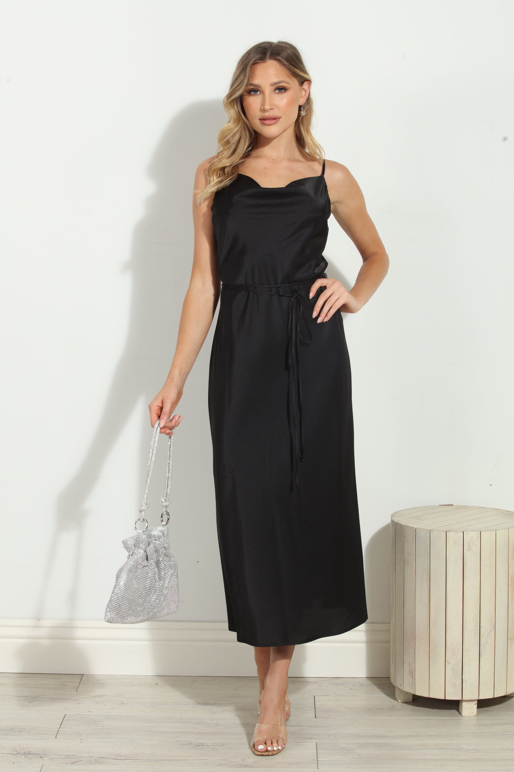 Black Satin Bias Midi Dress