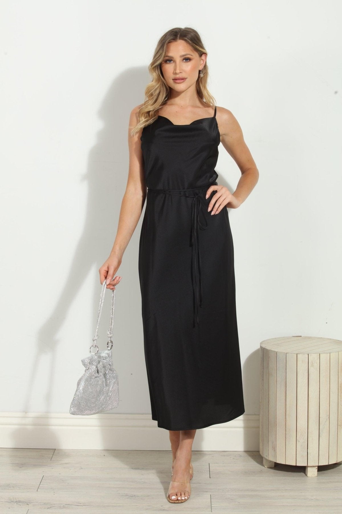 Black Satin Bias Midi Dress-FINAL SALE