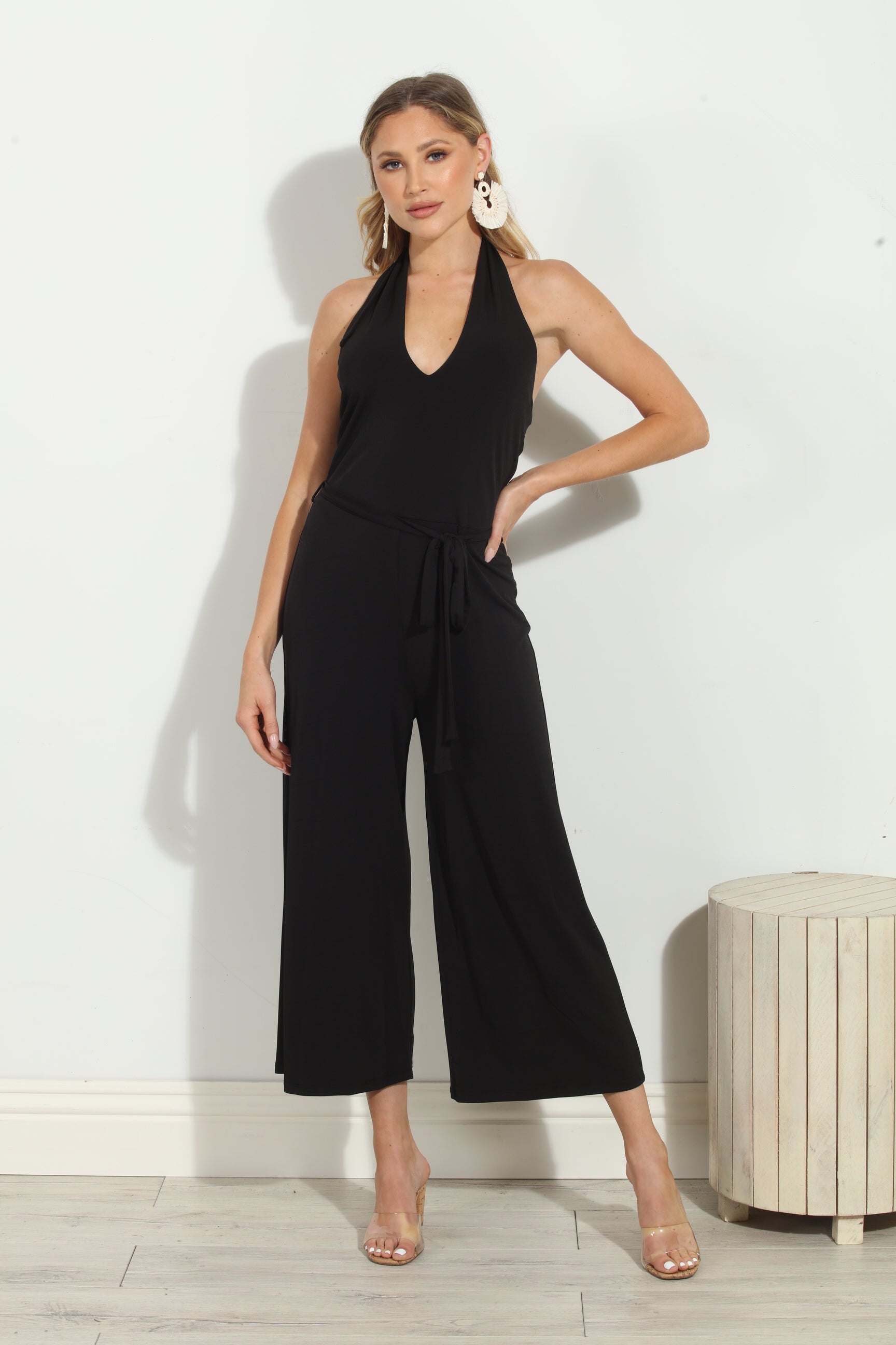 Black Halter Stretch Culotte Jumpsuit