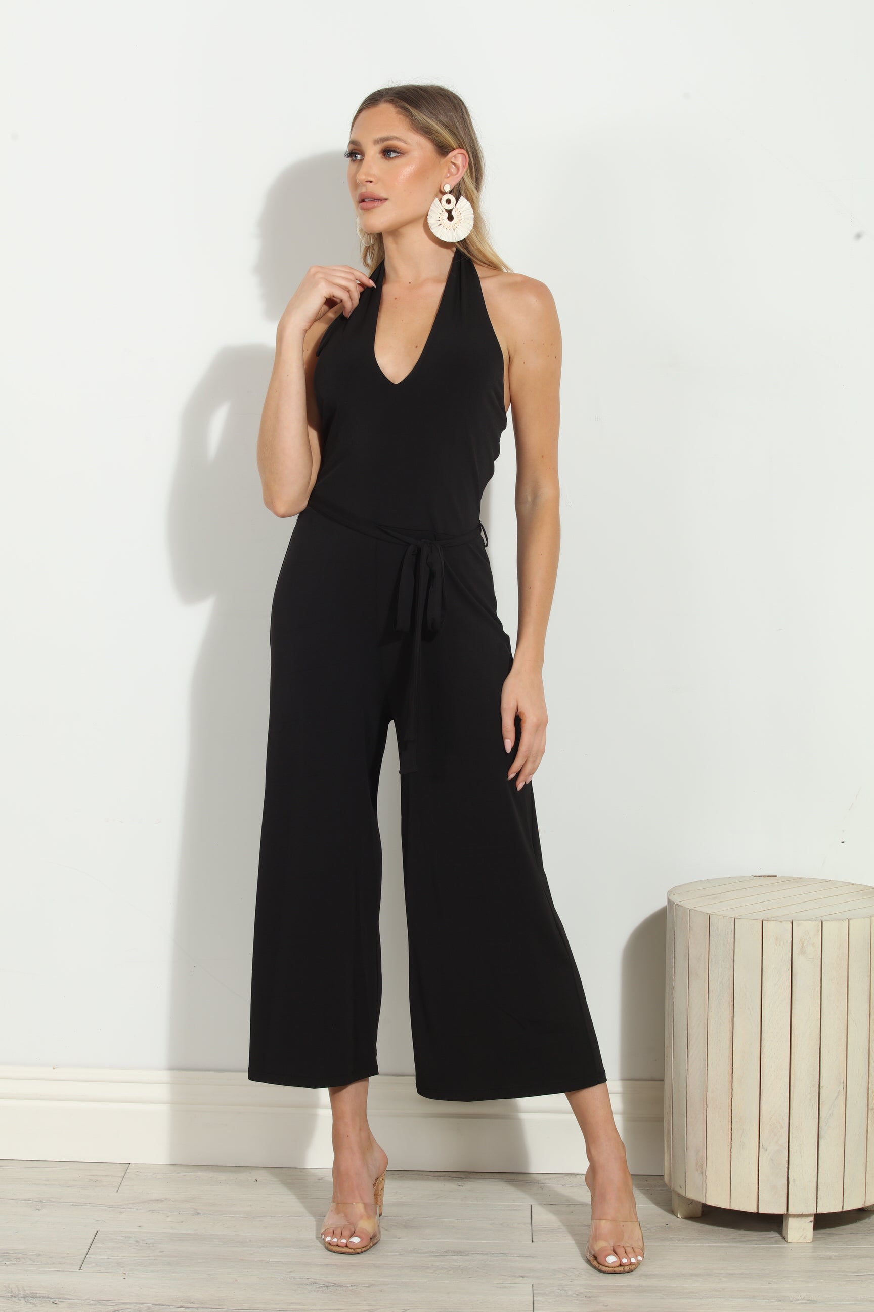 Black Halter Stretch Culotte Jumpsuit