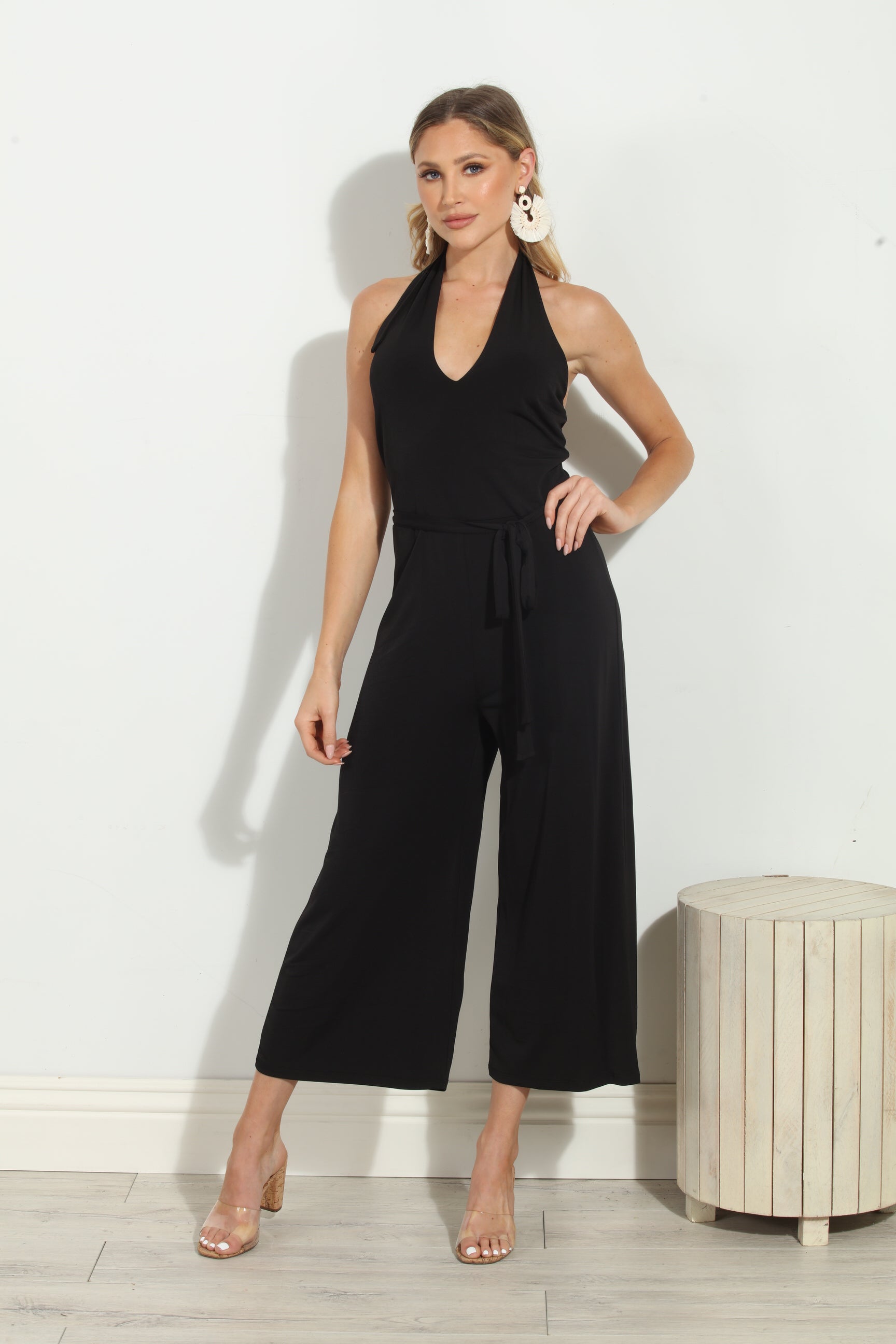 Black Halter Stretch Culotte Jumpsuit