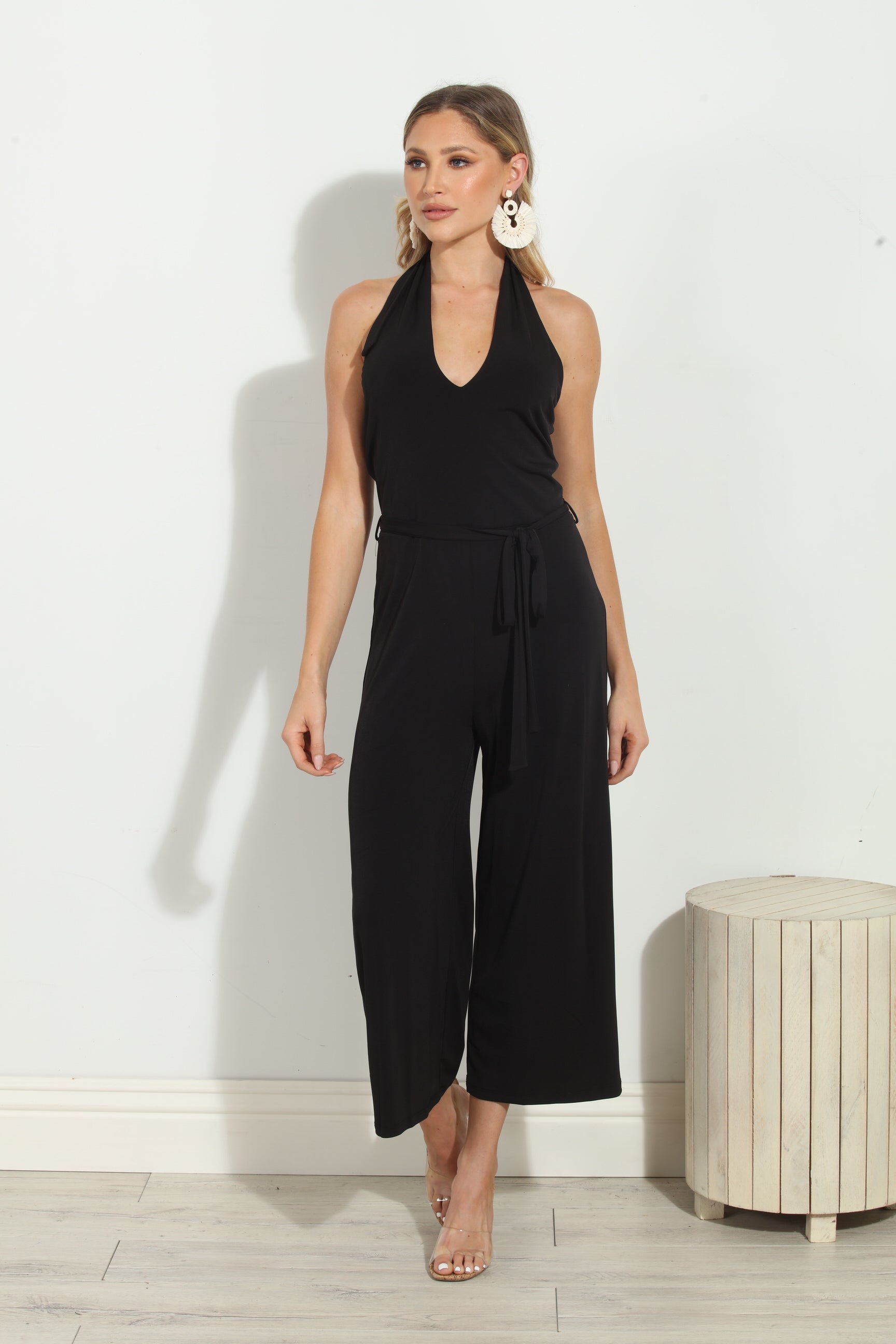 Black Halter Stretch Culotte Jumpsuit