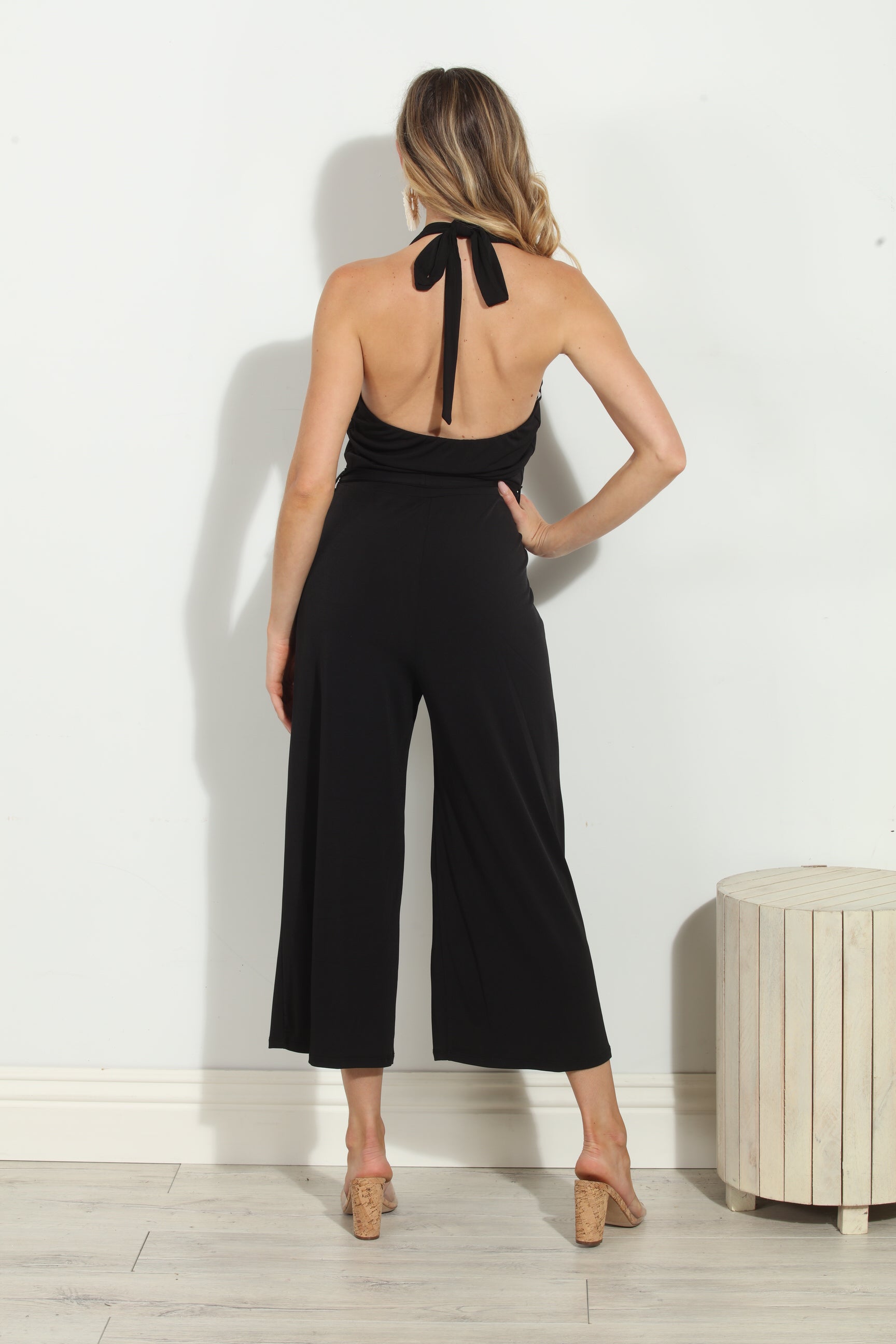 Black Halter Stretch Culotte Jumpsuit