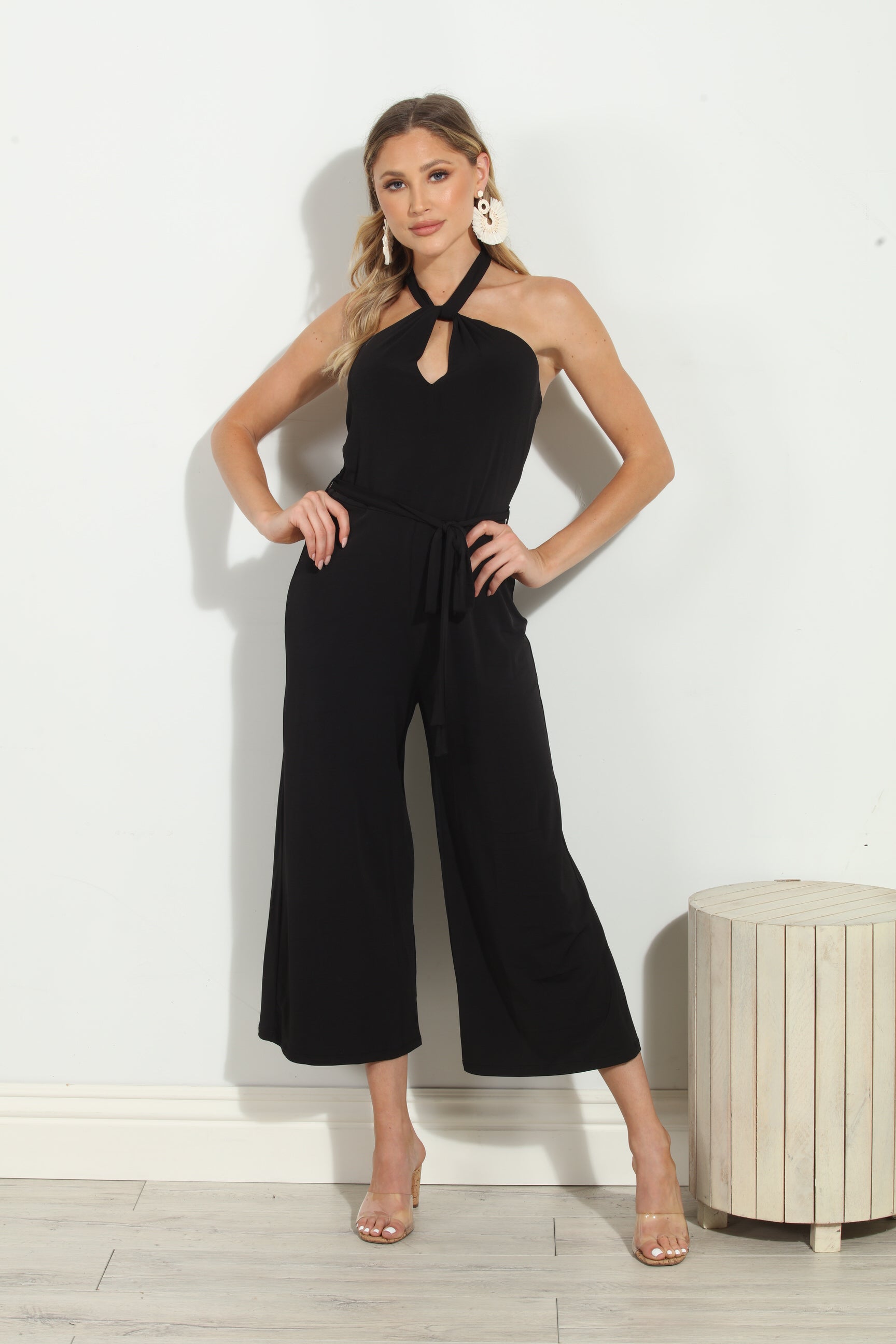 Black Halter Stretch Culotte Jumpsuit